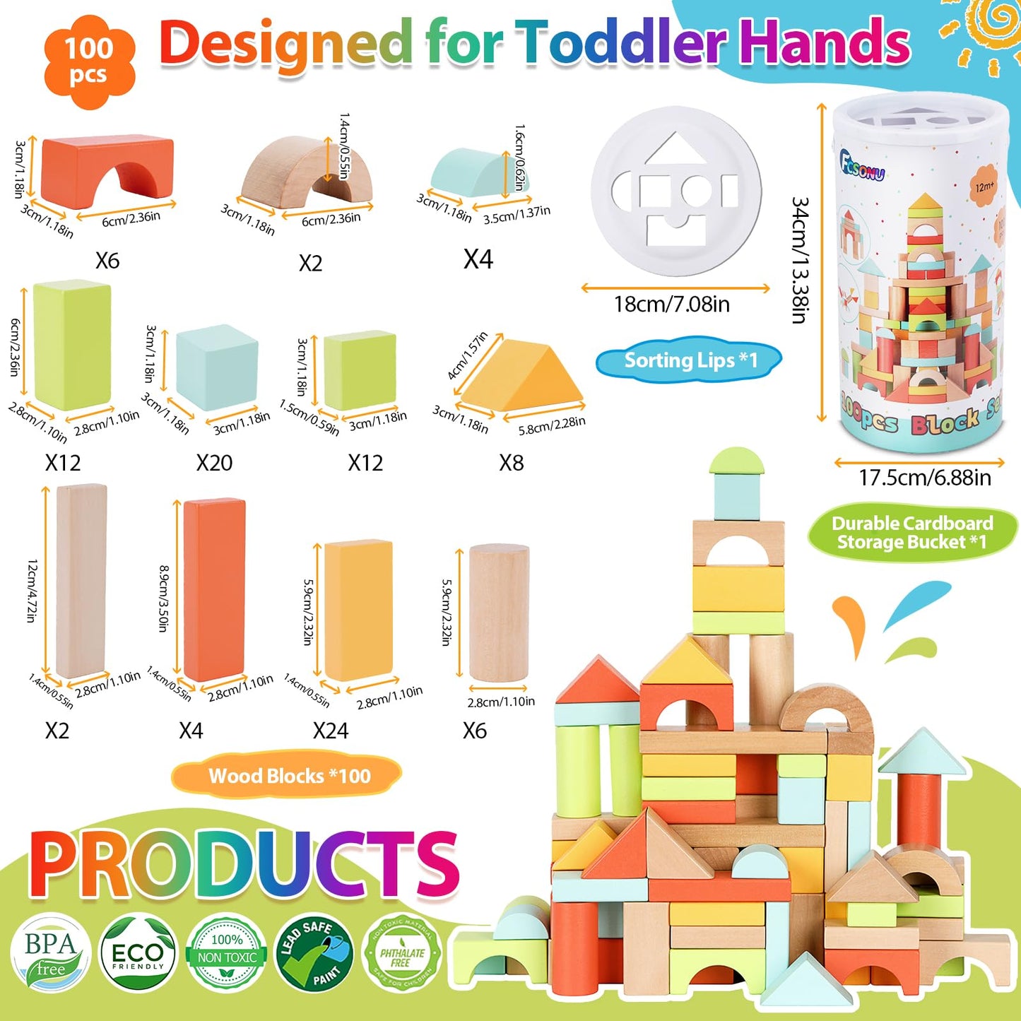 FCSONU Wooden Building Blocks for Toddlers 1-3, 100 Pcs Wood Blocks Set - Sorting & Stacking Toys with Storage and Lid, Kid Montessori Toys Ages 2+, Christmas 1st Birthday Gifts for Boys Girls Baby