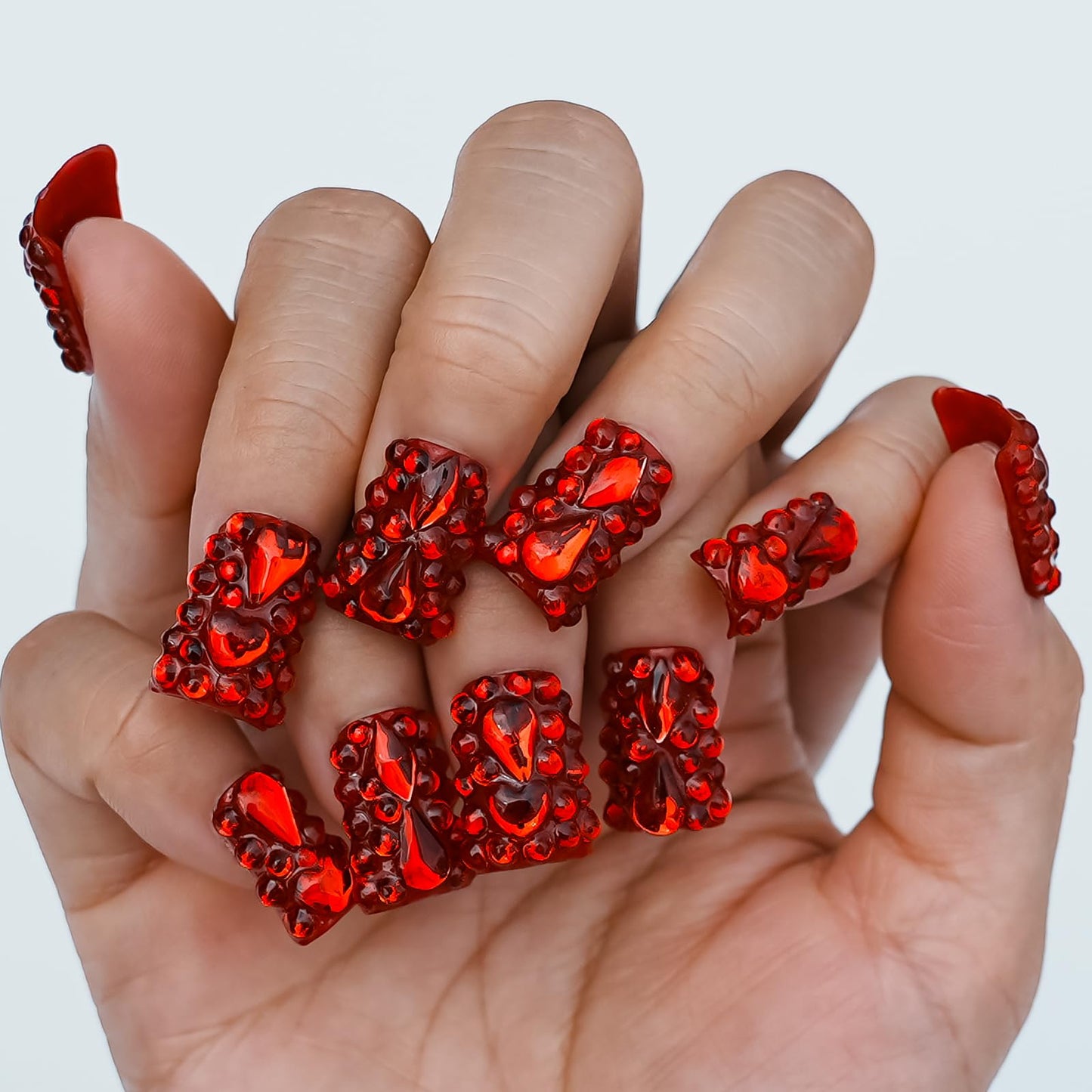 Tesytto Red Chrome Press on Nails Short Duck, Full Rhinestones Red Heart Fake Nails 3D Luxury Acrylic Duck Nails Thickened False Nails (Crimson Glimmer Enchant,M)