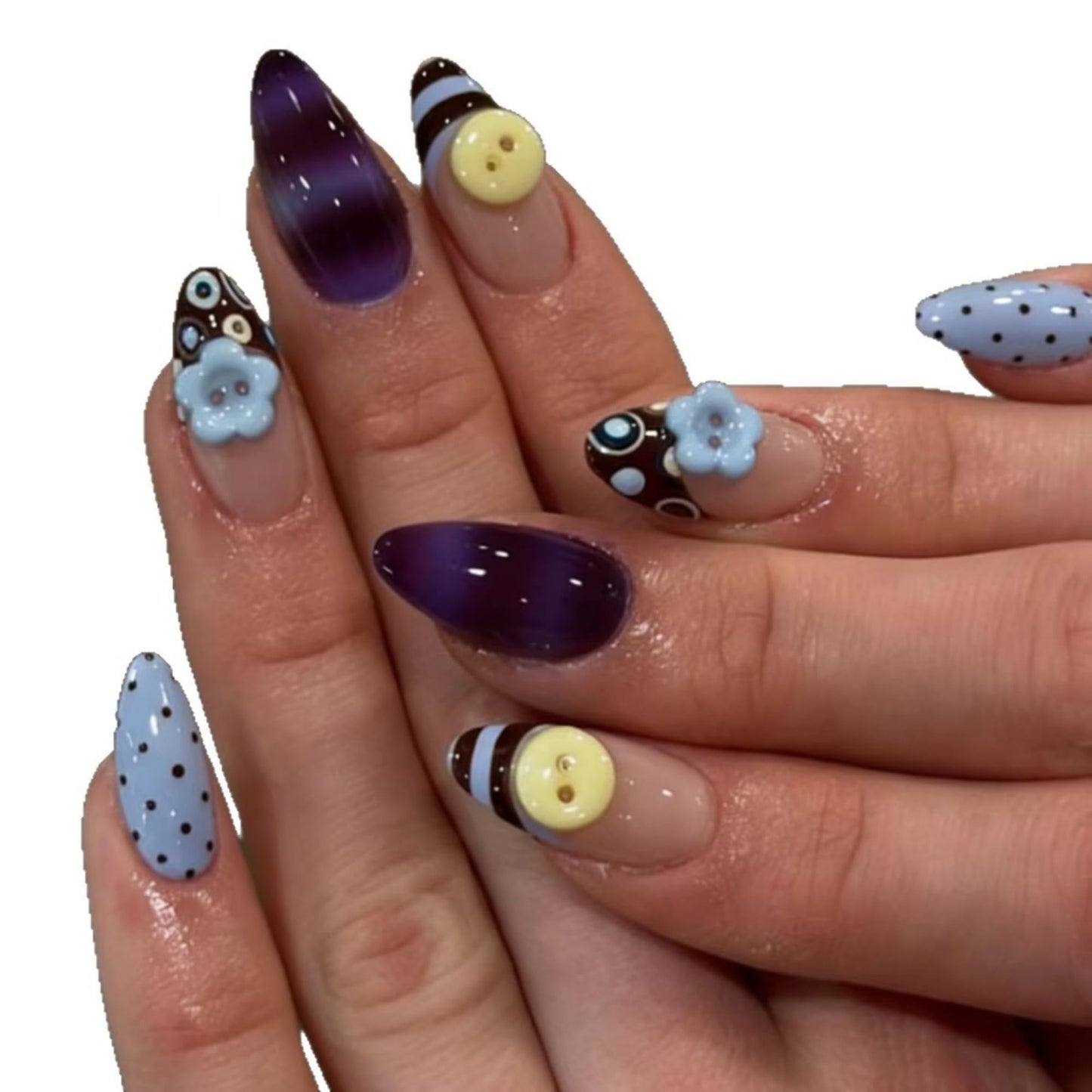 octoswave Long Almond Press on Nails, 3D Button Polka Dot & Striped Fake Nails for Women, Glossy Acrylic False Nails for Party, 24Pcs