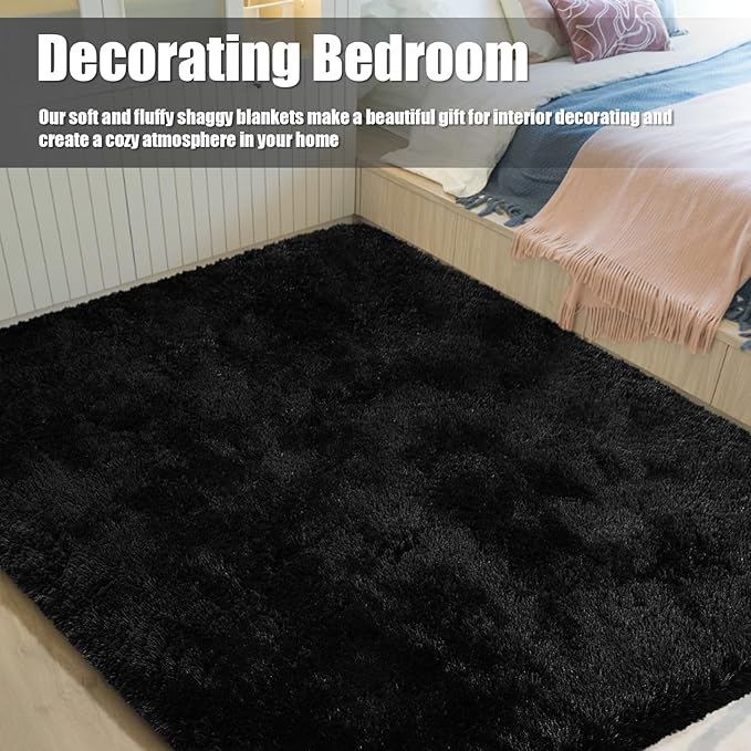 8x10 Fluffy Area Rugs for Living Room,Shag Area Rug for Bedroom,Black Soft Fuzzy Rug Non-Shedding Indoor Plush Carpet for Kids Bedroom Nursery Home Decor
