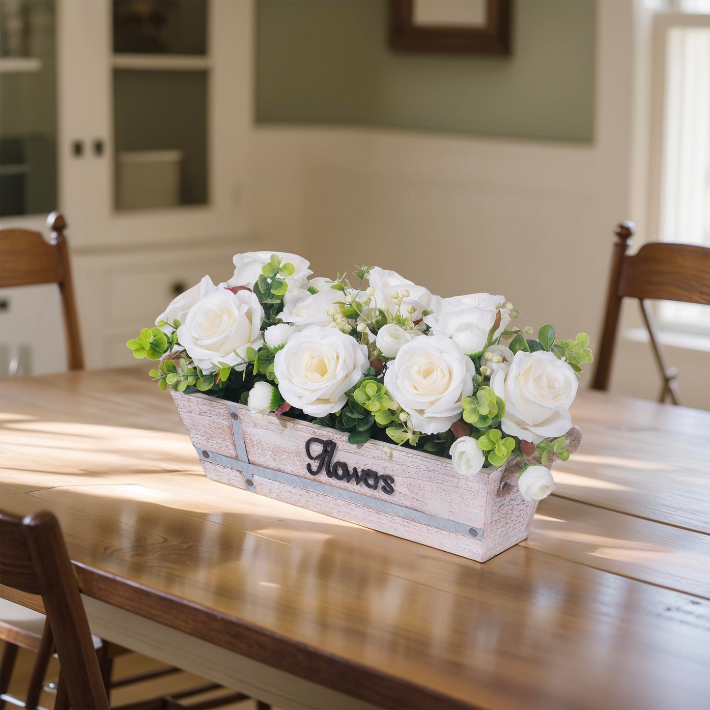 Centerpiece Table Decorations Rustic Wood Tray with 3 Artificial White Rose Flowers and Fake Eucalyptus for Dining Room Farmhouse Living Room Kitchen and Coffee Table Décor