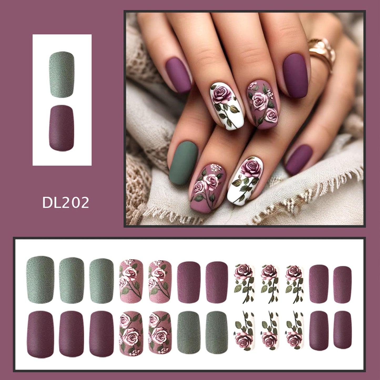24Pcs Press on Nails Medium Square Fake Nails with Purple Flower Green Leaves Designs Matte Nails Press ons Square Medium Glue on Nails Acrylic Artificial Stick on Nails for Women