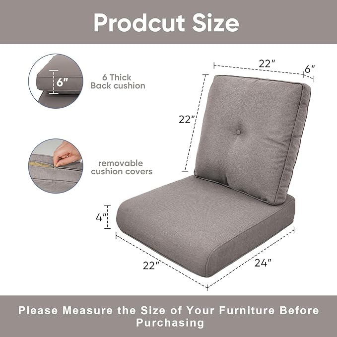 Patio Chair Cushions 5 Packs - Outside 22x24 High Back Water-Resistant Cushion with Zipper Cover for Outdoor Glider Rocking Chairs Loveseat 3-seat Couch Sofa – Grey/Buckle
