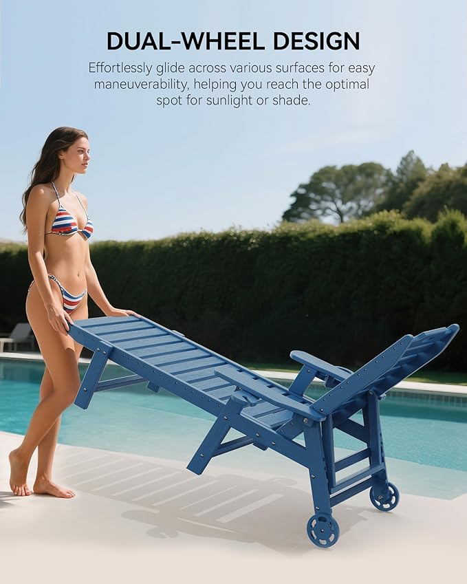 Carauci Lounge Chair Outdoor, HDPE Chaise Lounge with Wheels, 5-Position Adjustable Backrest & 2 Cup Holders Patio Lounge Chair, All-Weather Pool Sun Lounger for Poolside, Backyard, Blue