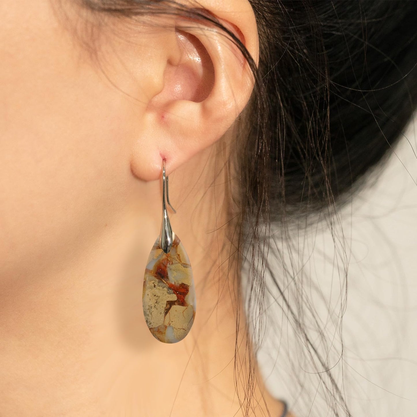 Sriomu Natural Healing Stone Fishhoop Dangle Drop Earrings Statement Gold silver earrings (Camel -Silver Hook)
