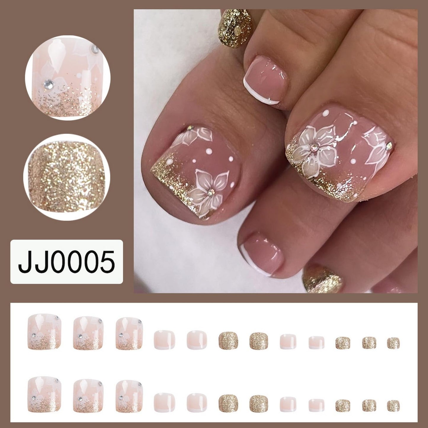 French Tip Press On Toe Nail for Women Fake Toenail with Flower Gold Glitter Rhinestones Designs Glossy Fashion False Toenail Full Cover Acrylic Nails Art DIY Foot Nail Design Toenail Tips 24Pcs