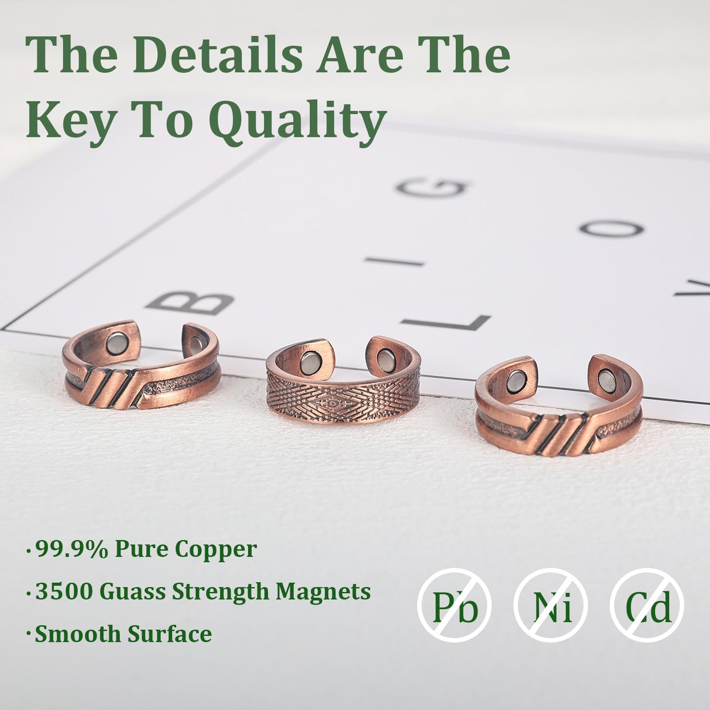 Fashtour 3 Copper Rings for Men, 99.9% Pure Copper Magnetic Rings, Vintage Pattern Adjustable Cuff Ring