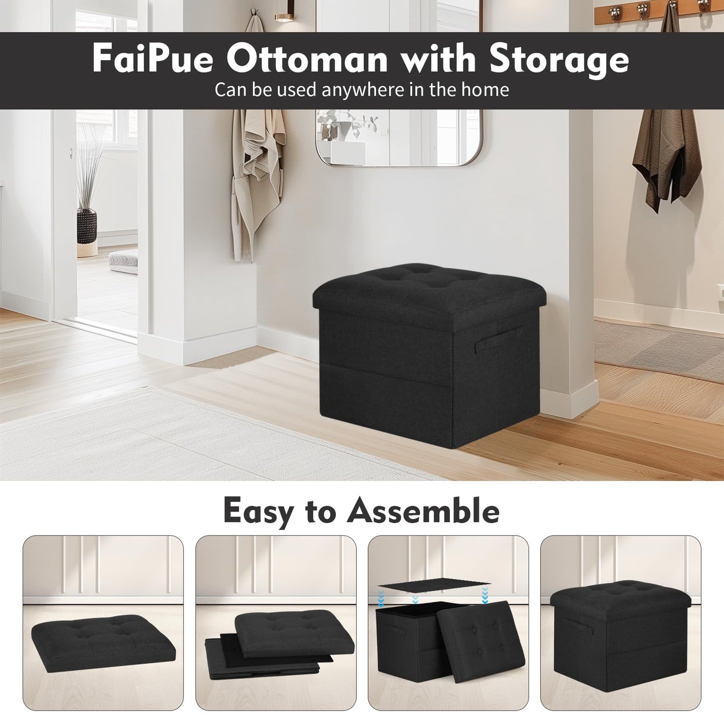FaiPue Storage Ottoman Foot Rest with Thicker Foam Padded Seat. Small Bench with Storage. 350 lbs Linen Folding Footstool Bench for Living Room, Bedroom, Home Office. 17x13x13in, Gray Black
