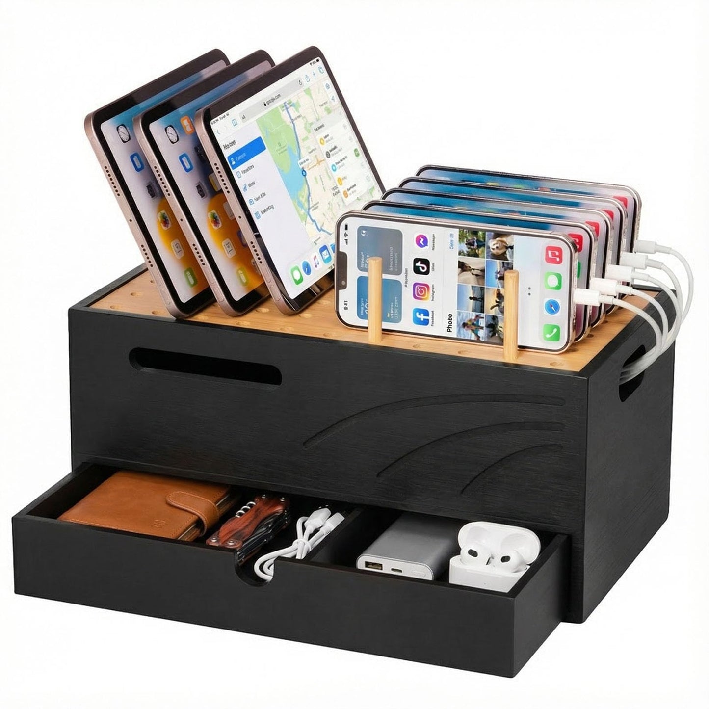 Homde Bamboo Charging Station Organizer: 2 Layer Charger Holder with Drawer for Office Home - Electronic Docking Stand for Multiple Devices, Tablets, Phones （Black）