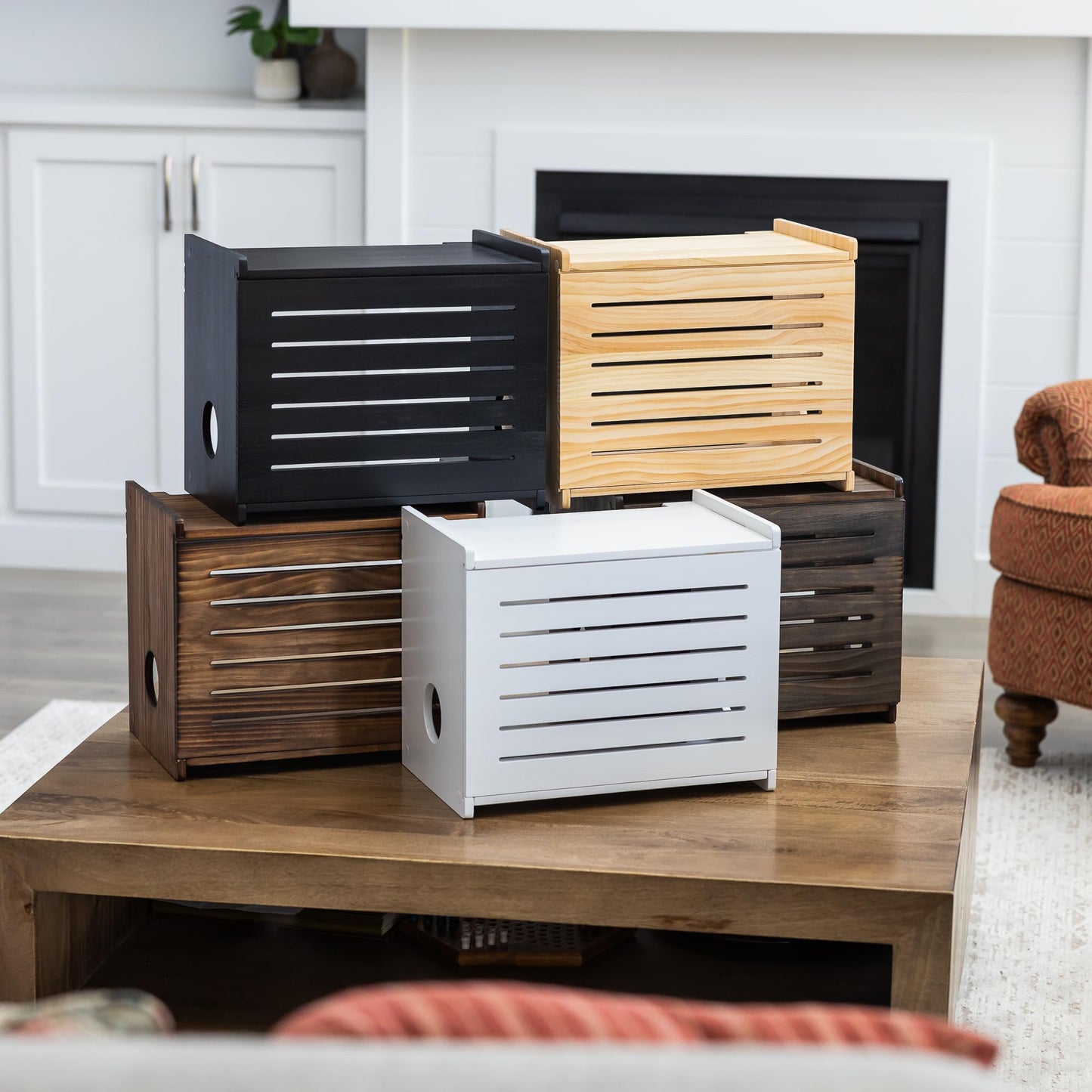 Wooden WiFi Router Storage Box - Deluxe Wall Mountable Decorative Modem Shelf Hider Cover with Cable Management System - Rustic Home Organization Solution for Most Routers Up to 11" Tall - Dark Oak