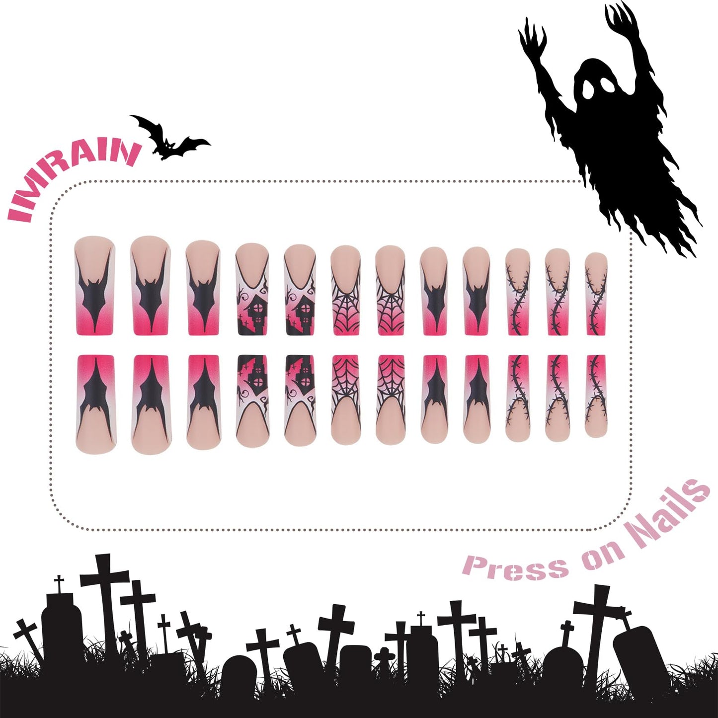 IMRAIN Halloween Press on Nails Long Square False Nails Pink French Tip Fake Nails with Black Spider Web, Bat, Castle Design Full Cover Artificial Acrylic Glue on Nails for Women