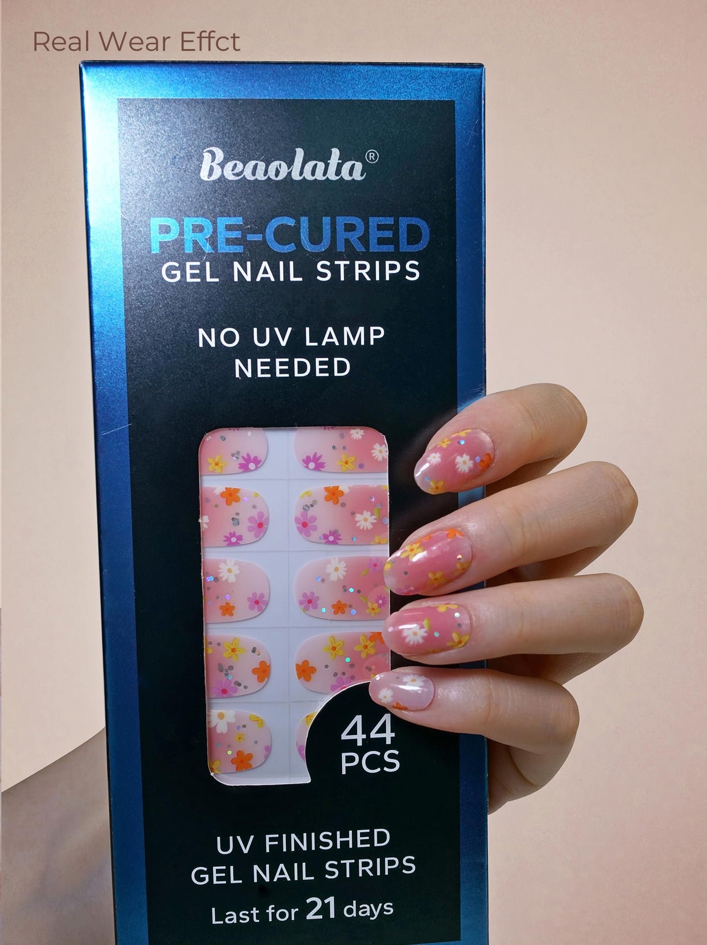 Beaolata Real Gel Nail Strips (No UV Light Needed) - 44Pcs Salon Quality Nail Stickers - Long Lasting Polish Wraps for Women, Easy Apply & Remove (Strawberry Pink)
