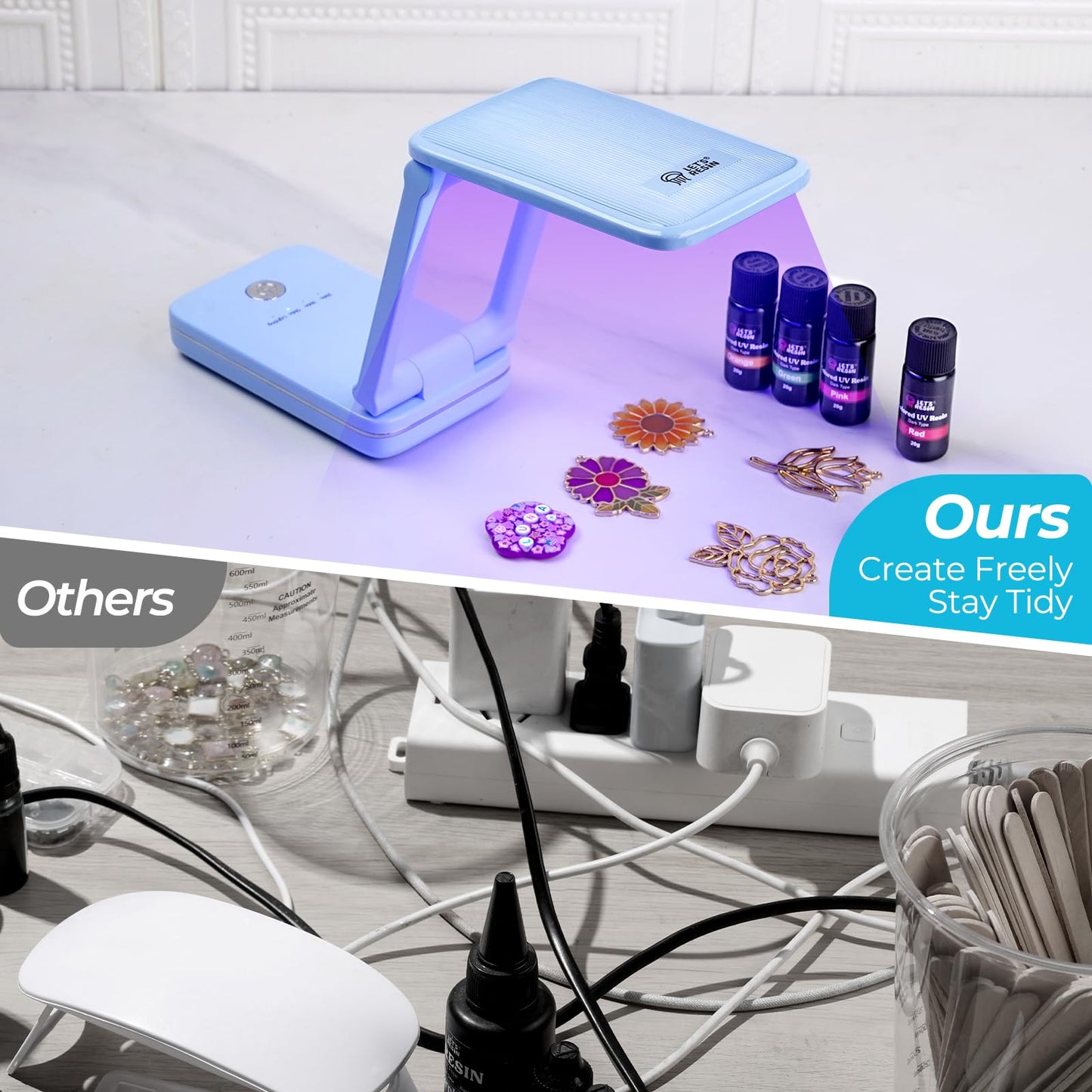 LET'S RESIN Portable Cordless UV Lamp, Rechargeable UV Light with Foldable & Adjustable Height, Large Curing Area, 2H Battery Life, 20min Curing for Molds, Jewelry Making UV Resin Curing Tool