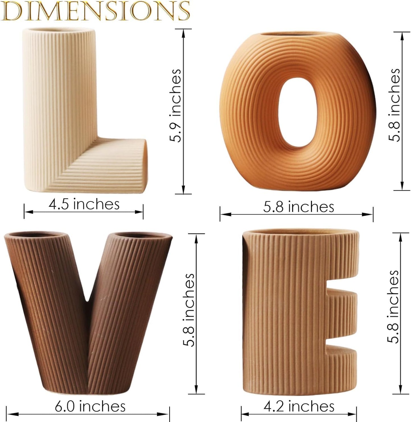 KingZiYu Modern Ceramic Vase Set of 4, Love Letter Shaped Decorative Vases, Neutral Boho Home Decor for Table Centerpiece, Living Room, Bedroom, Wedding, Gift (Khaki, Dark Brown, Orange, Beige)