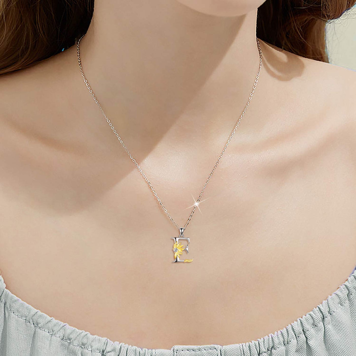 POPLYKE Sterling Silver Initial Alphabet Letter Script Name Pendant Chain Necklace for Women for (Sunflower E)