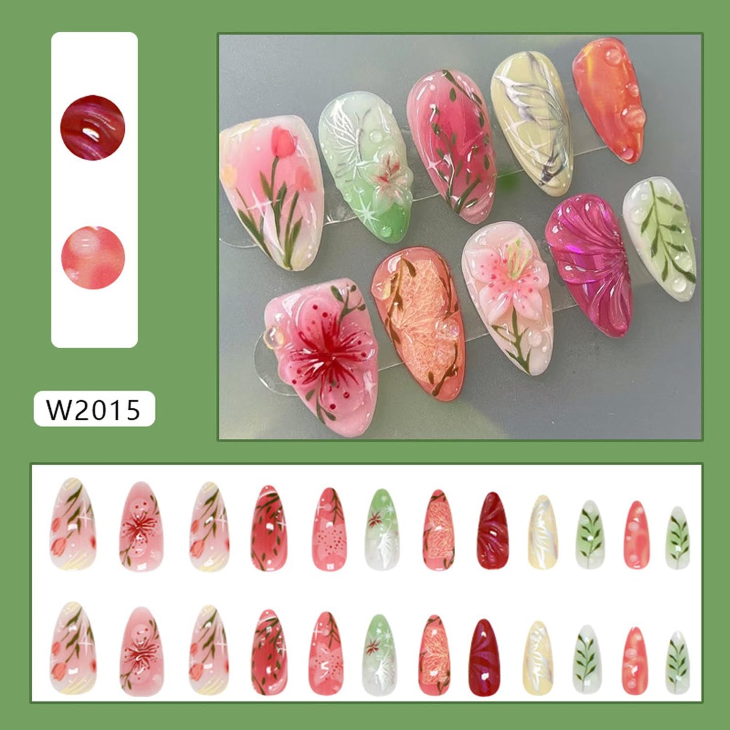 24pcs Colorful Flowers Press on Nails Medium Almond Fake Nails Art Summer False Nails with Flower Butterfly Design Almond Nails Glossy Full Cover Acrylic Artificial Nail Fingernails for Women