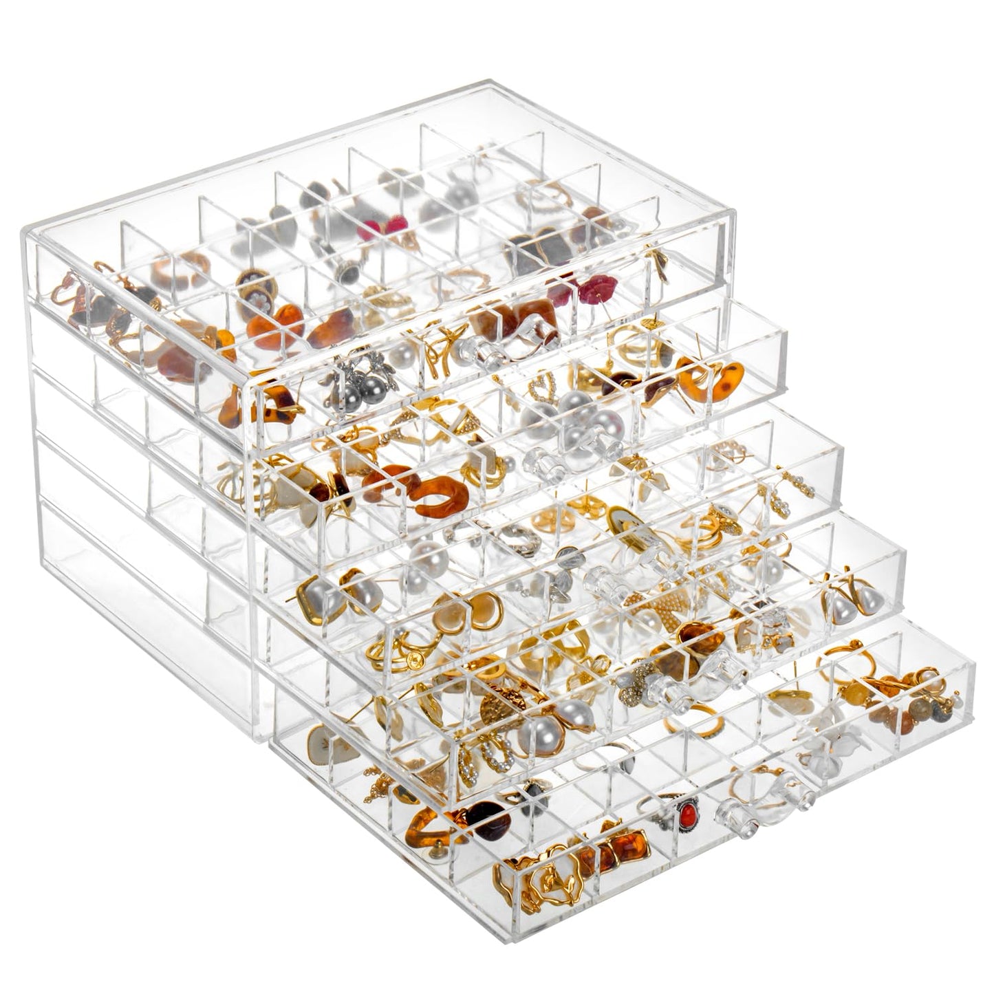 YUFONG Earring Storage Box Organizer, Acrylic Jewelry Storage Box Holder 5 Drawers Transparent Jewelry Display Stand with 120 Small Compartments Gift Boxes for Women Girls (Clear)