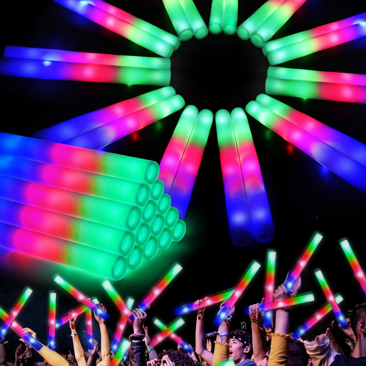 210 PCS Foam Glow Sticks with 3 Modes Colorful Flashing, Glow in Dark Party Supplies, Bulk for Wedding, Raves, Concert, Halloween, 4th of July