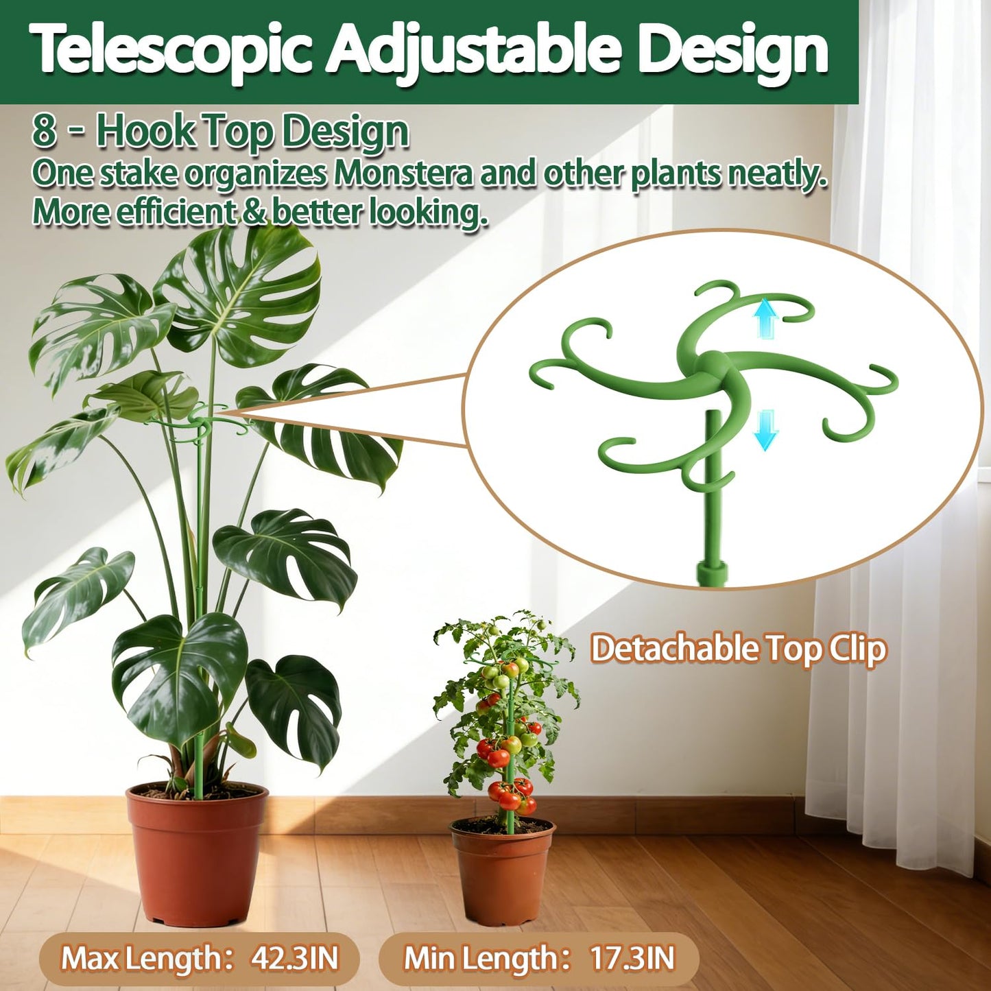 Telescoping Plant Support Stakes,5Pack 17.3 to 42.3IN Adjustable Monstera Plant Support,Garden Stakes with Clips,Sturdy Plant Sticks for Indoor Outdoor Plants, Orchid, Tomato, Vine,Monstera