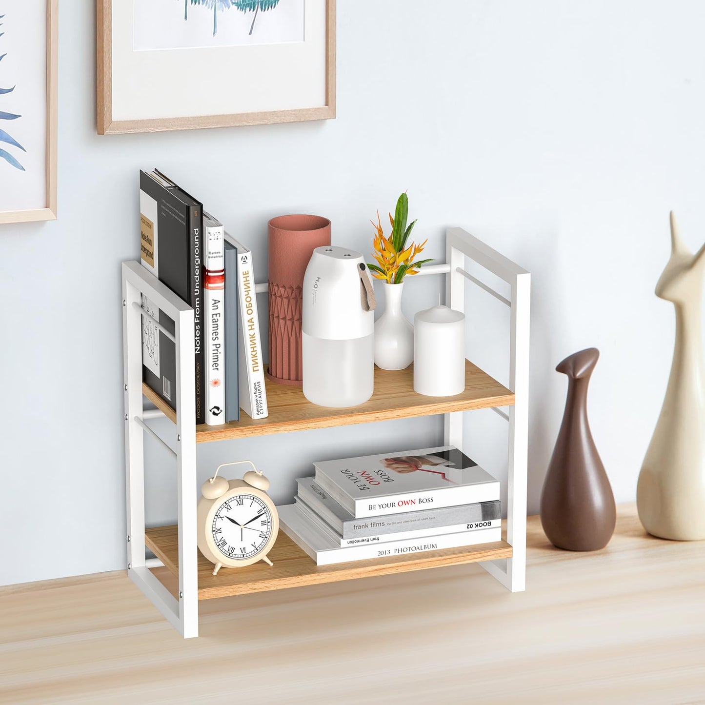 ART-GIFTREE Office Desk Shelf Organizer, Wood Desktop Bookshelf Supplies Storage Rack, Shelf for Top of Desk and Dresser (White-2 Tier)