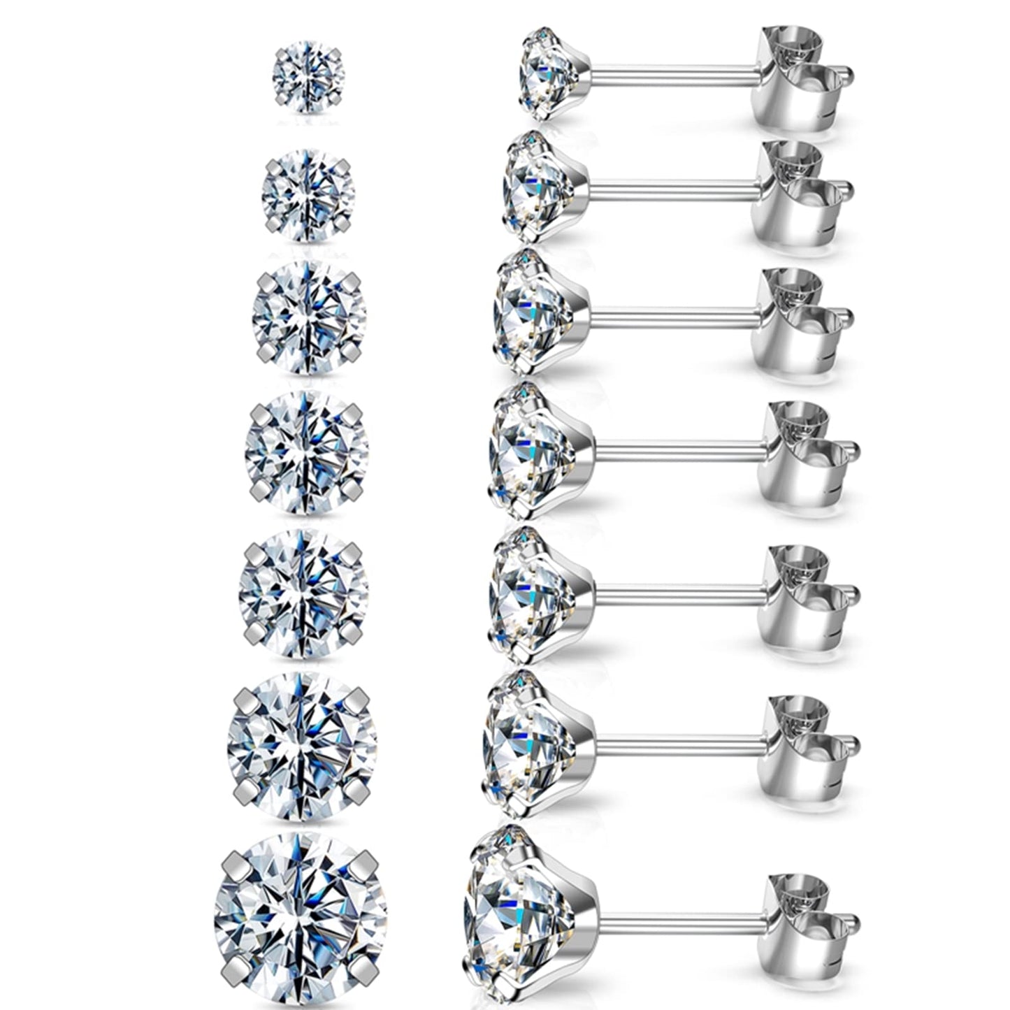 Stud Hoop Earrings Set 7 Pairs Hypoallergenic Cubic Zirconia Titanium Stainless Steel Silver Rose Gold Black 2-8mm CZ Cartilage Helix Flatback Ball Stud Hinged Sleeper Hoop Earrings Sets for Women Men