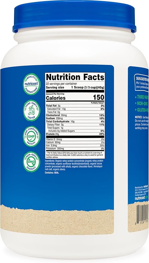 Nutricost Organic Whey Protein Concentrate, Double Chocolate Flavored, (2LBS) - Gluten-Free, Non-GMO