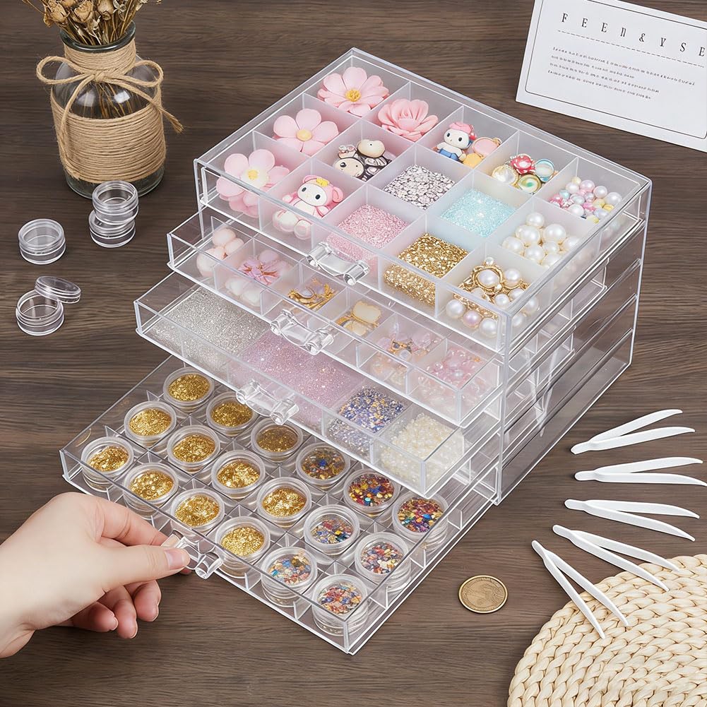 TWINKLEMON 5-Layer Plastic Compartment Storage Box Nail Charm Organizer Box with 5 Drawers 72 Small Round Jars 5 Tweezers Transparent Organizer for Crafts Art Supply Nail Tip Bead Earring Ring