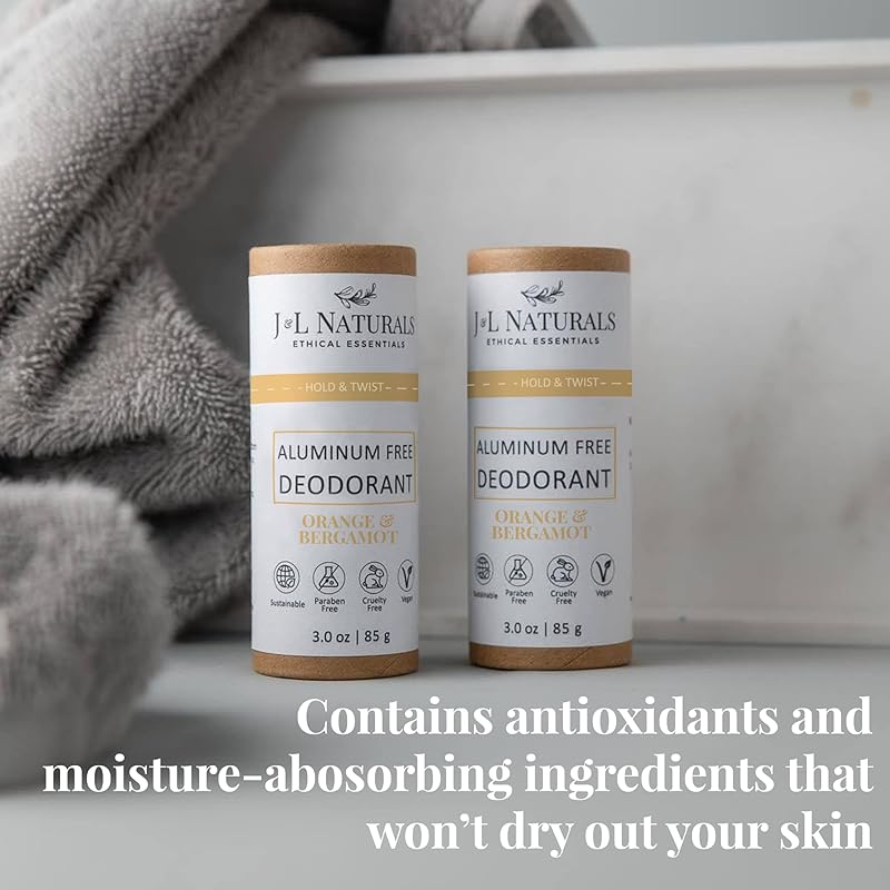 J&L Naturals Aluminum Free Deodorant for Men & Women | 100% Natural Ingredients With Coconut Oil, Shea Butter, & Essential Oils | Sustainable, Eco-Friendly (Orange & Bergamot, 3.0 Oz (Pack of 2))