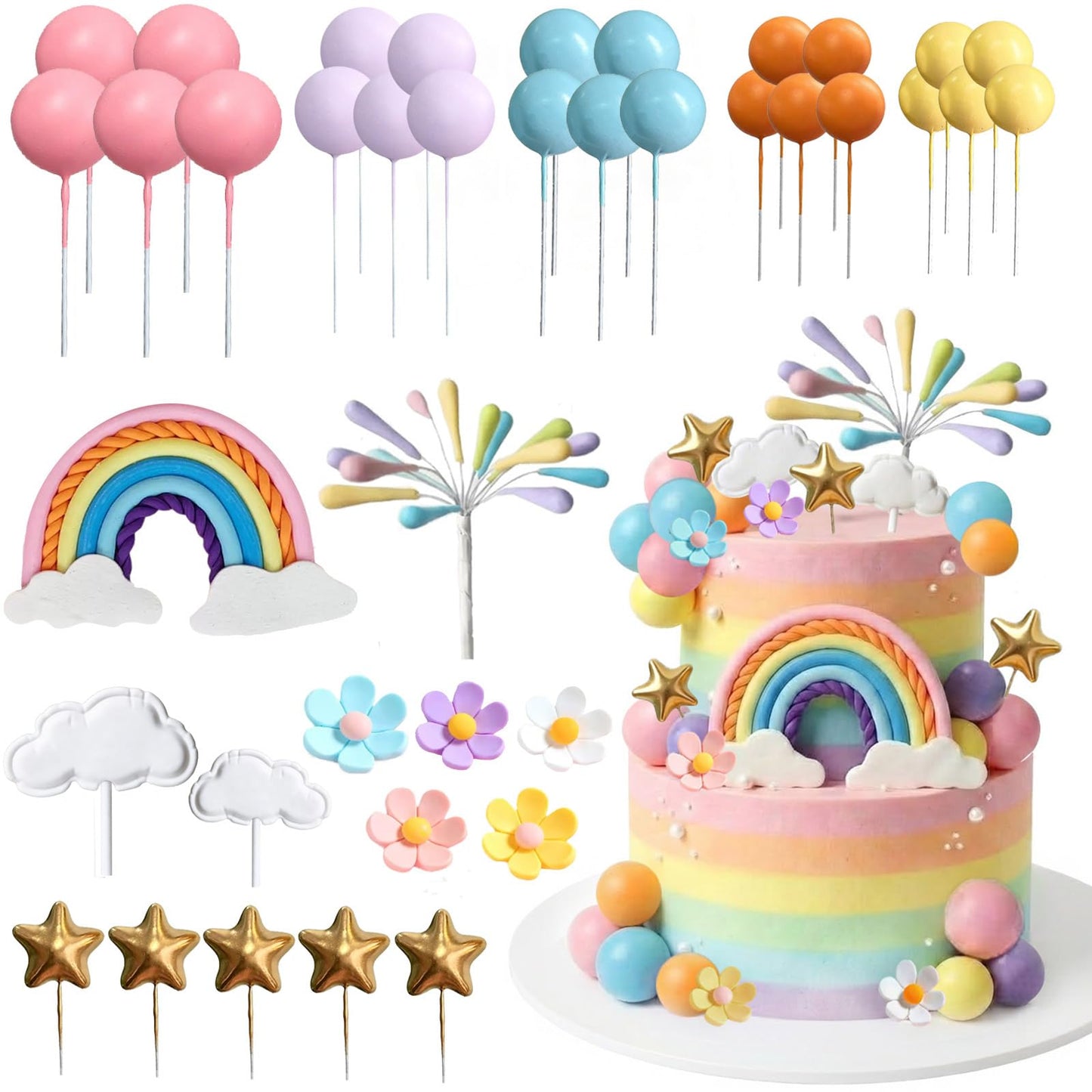 Rainbow Cake Topper 39pcs Rainbow Cake Decorations with Pastel Balls Topper Daisy Flower Cupcake Decroation,Boho Party Decorations for Groovy Hippie Birthday Wedding Baby Shower Cupcake Decorations