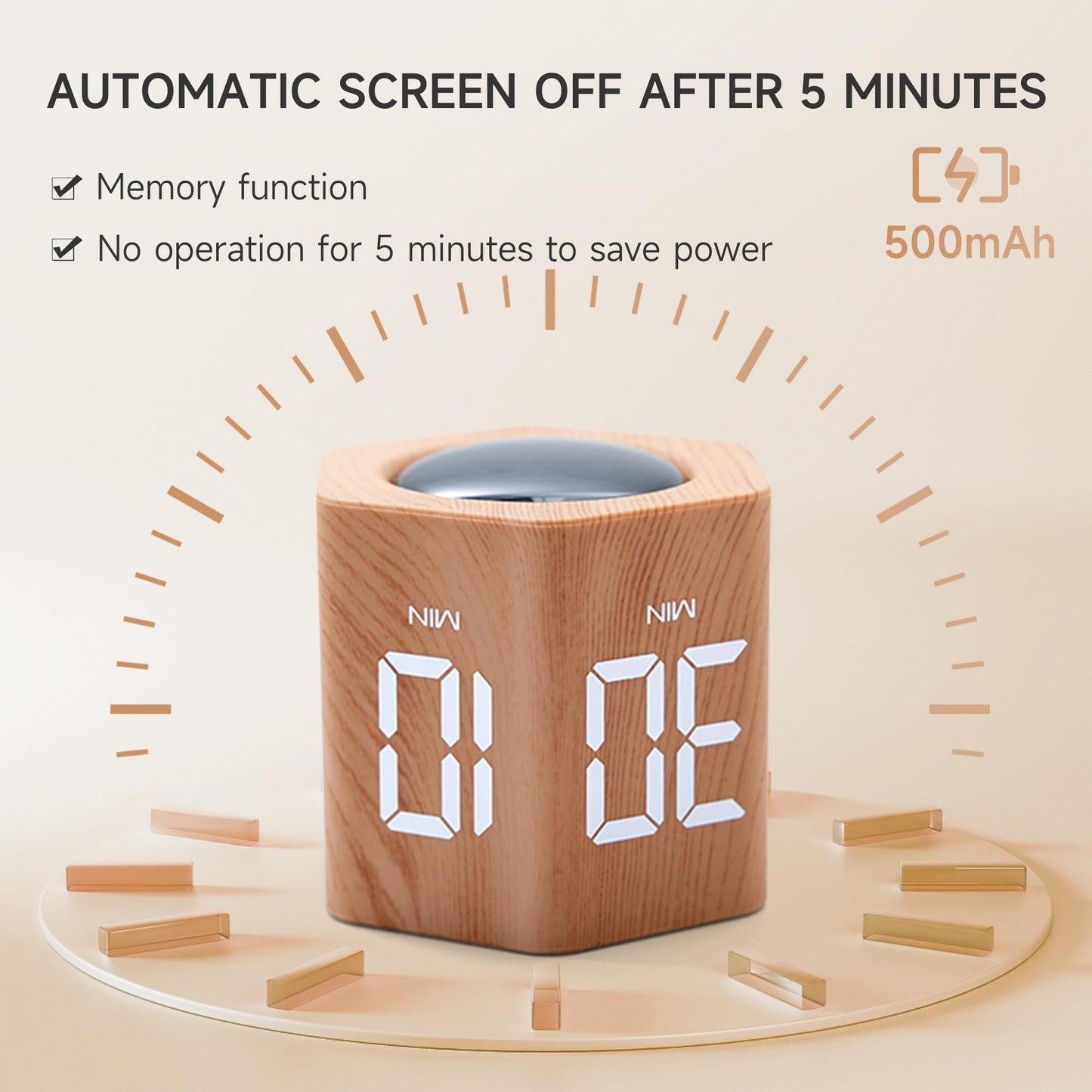 Exlliy Productivity Timer 1, 5, 10, 30, 60 Minutes Preset, Desk Cube Timer with Gravity Sensor/Mute/Vibration for ADHD, Work, Study, Kitchen, Back to School (Wood Grain)