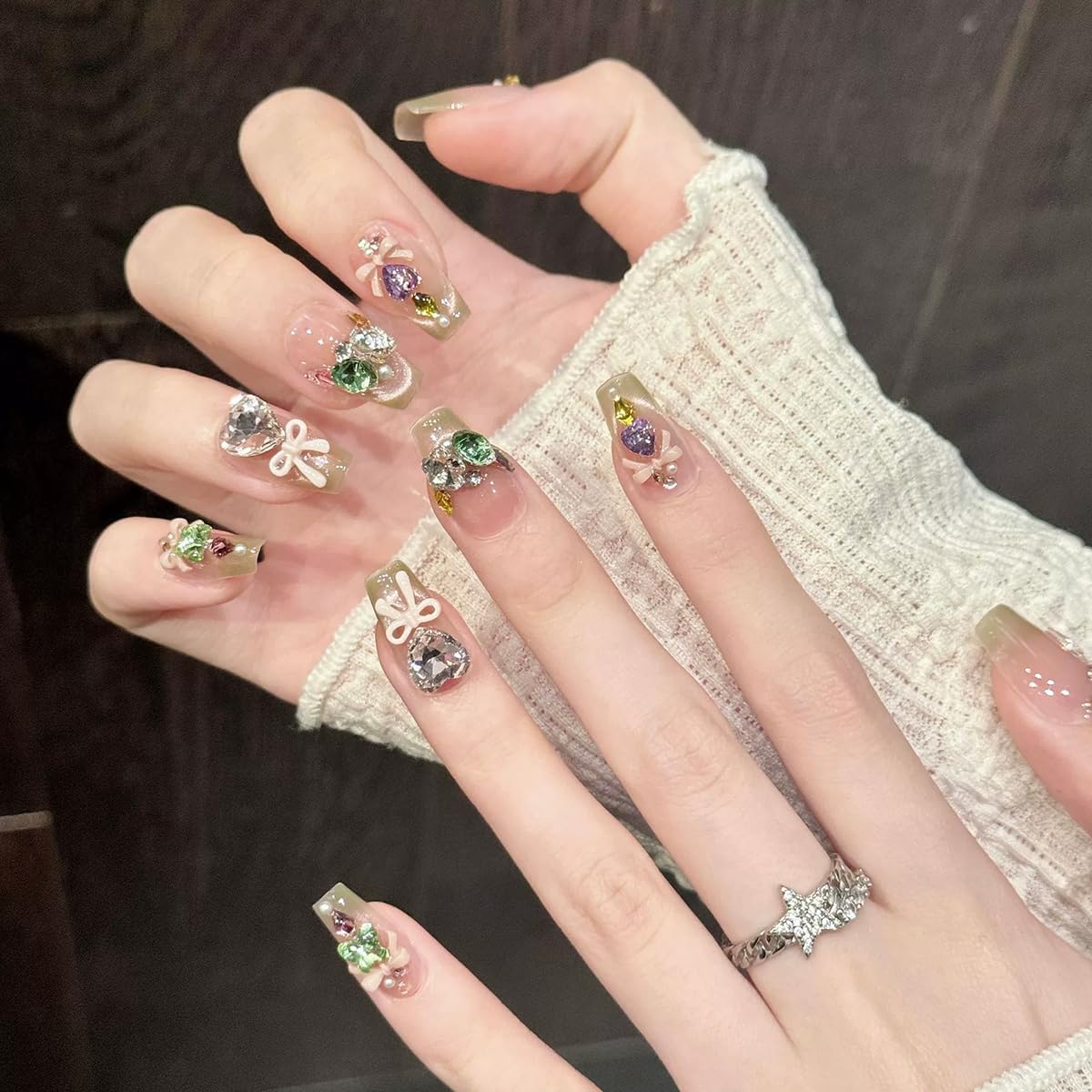 Handmade Press on Nails Long Coffin False Nails Green French Tip with 3D Rhinestones Designs Charm Cute luxury Sparkly Acrylic Nails for Women (Size M）10pcs