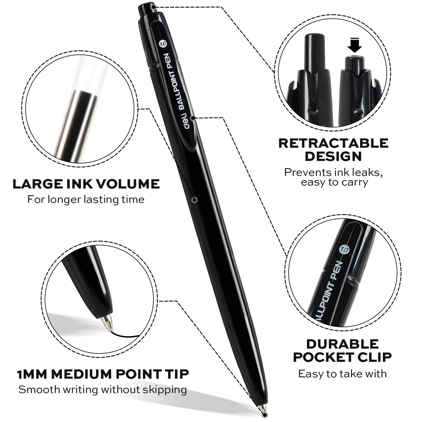 deli Pens Bulk, 50 Pack Retractable Ballpoint Pens, 1.0MM Black Ink,Smooth Writing, No Bleed, Comfortable Grip for Home,Office & School Use