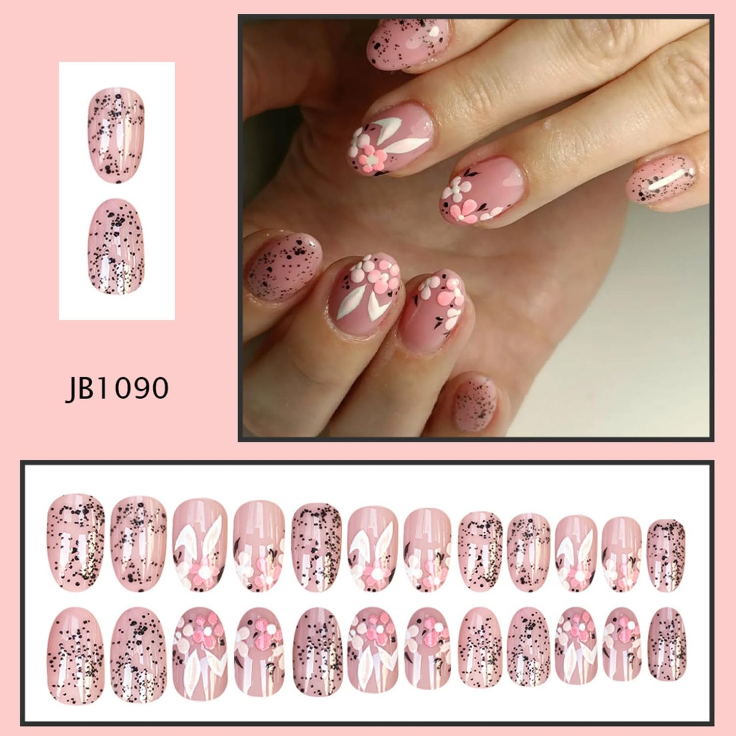 24Pcs Spring Pink Flowers Easter Press on Nails Short Oval Artificial Acrylic False Nails Floral Rabbit Design Full Cover Glossy Stick on Nail Artificial Fingernails for Women Festival Manicure