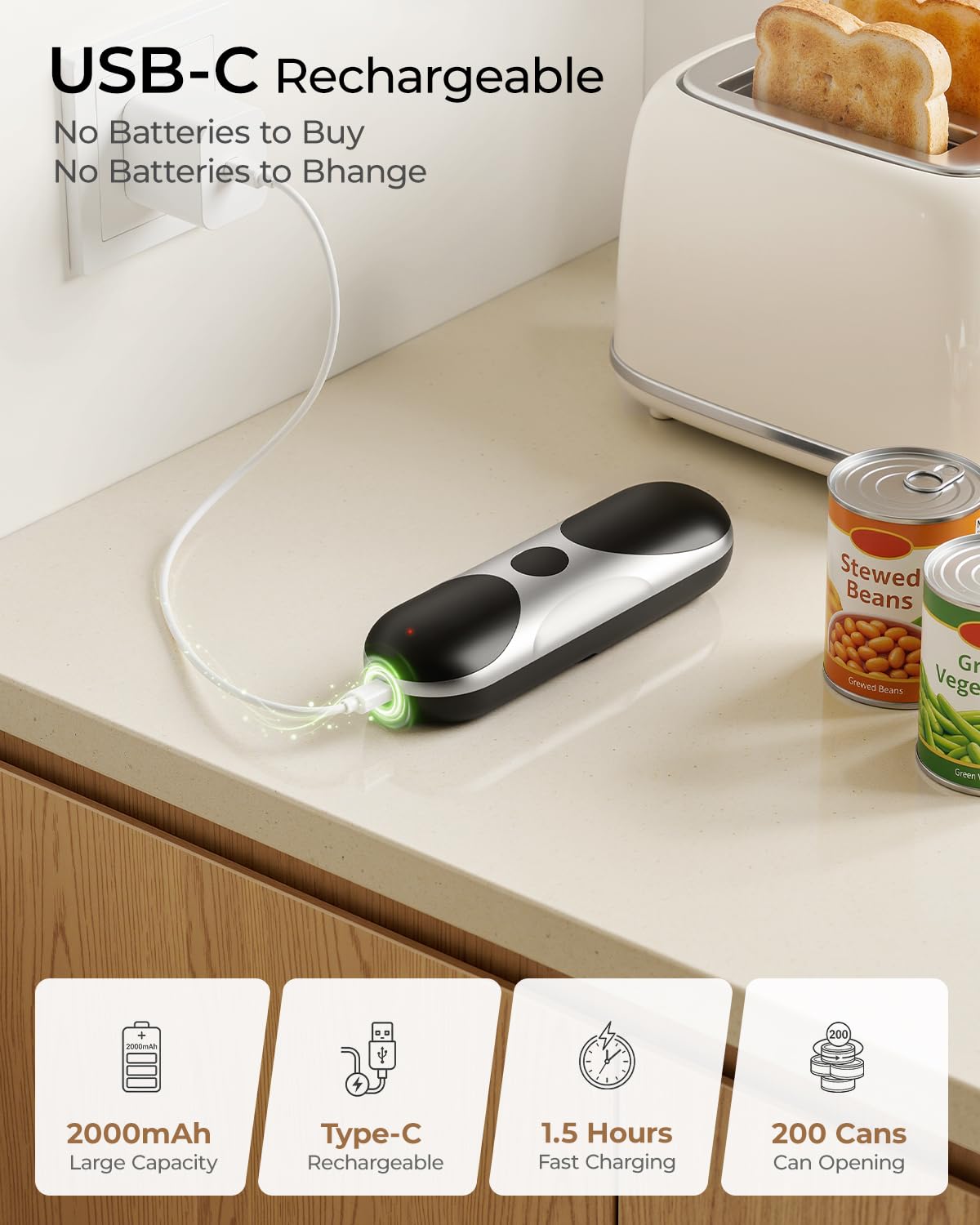 Electric Can Opener, One-Touch Automatic Can Opener, USB Rechargeable Electric Can Opener for Seniors with Arthritis- Cordless Battery Powered, Side Cut, Smooth Edge, Handsfree, for Any Size Cans