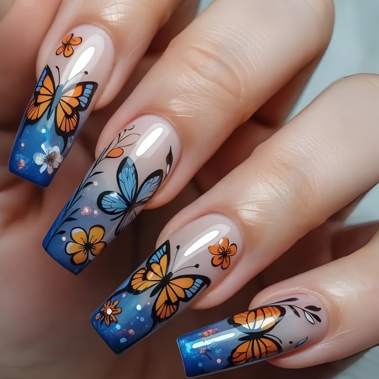MISUD Press on Nails - Long Coffin Fake Nails with Blue Ombre, Acrylic Summer Flower Butterfly Design 24 pcs