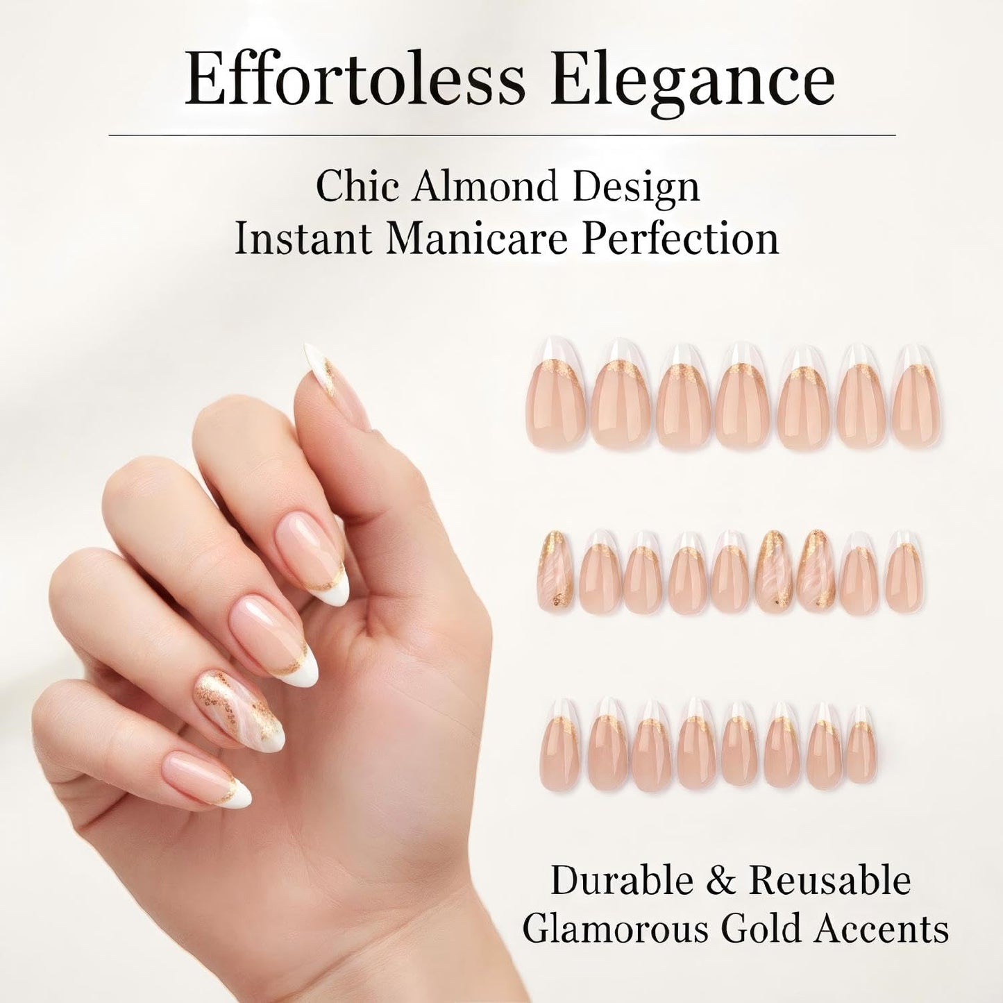 French Tip Press On Nails Short Almond, Nude Pink Fake Nails with Gold Foil Accent, Glossy Elegant Stick On Nails for Women, 24PCS Nail Kit