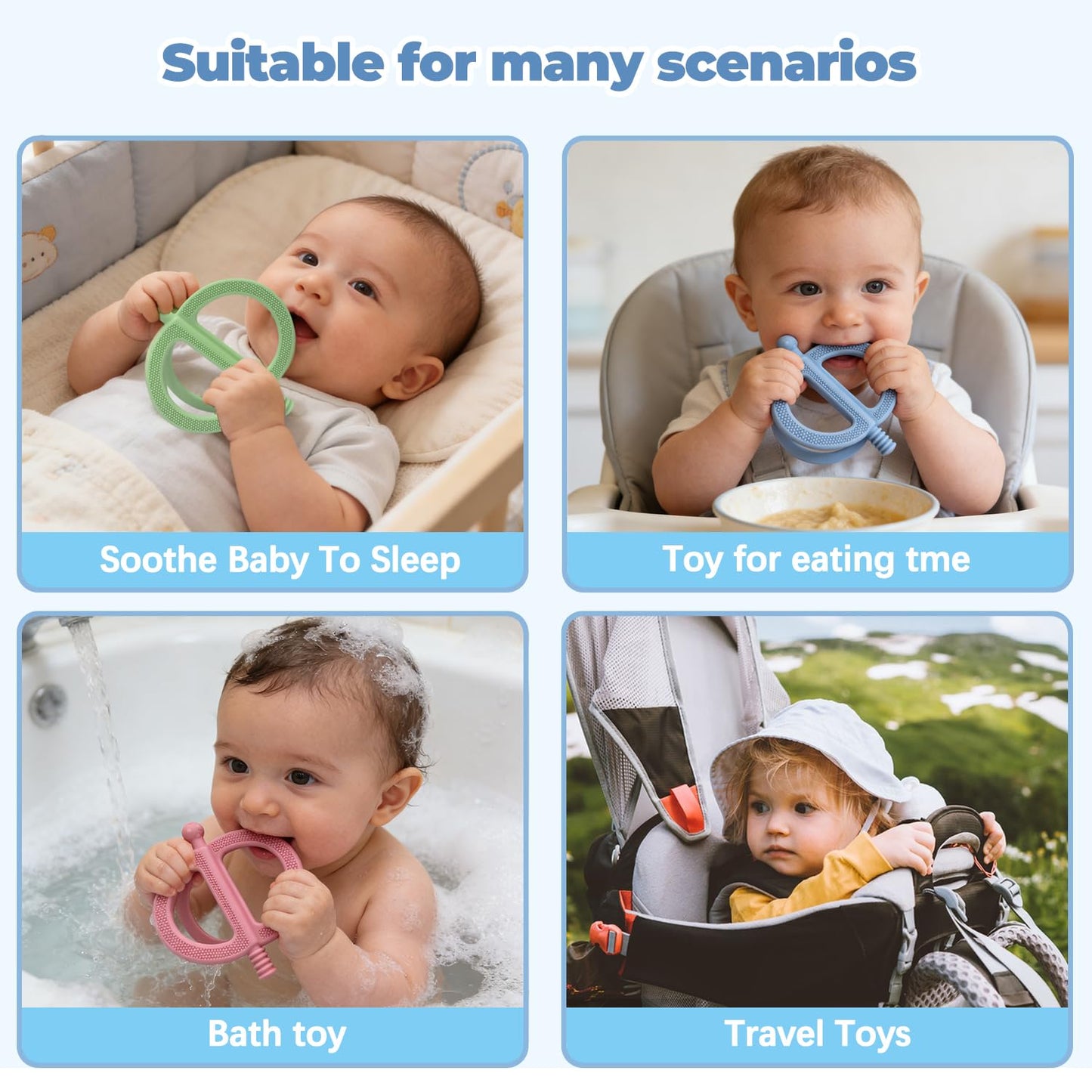 MACLUD 3 Pack Baby Teething Toys, Anti Dropping Wrist Hand Teethers & Easy-Grip Teether Ring, Food-Grade Silicone for Teething Relief, Newborn Essentials Chew Toys 0-12 Months（Blue&Pink&Green）