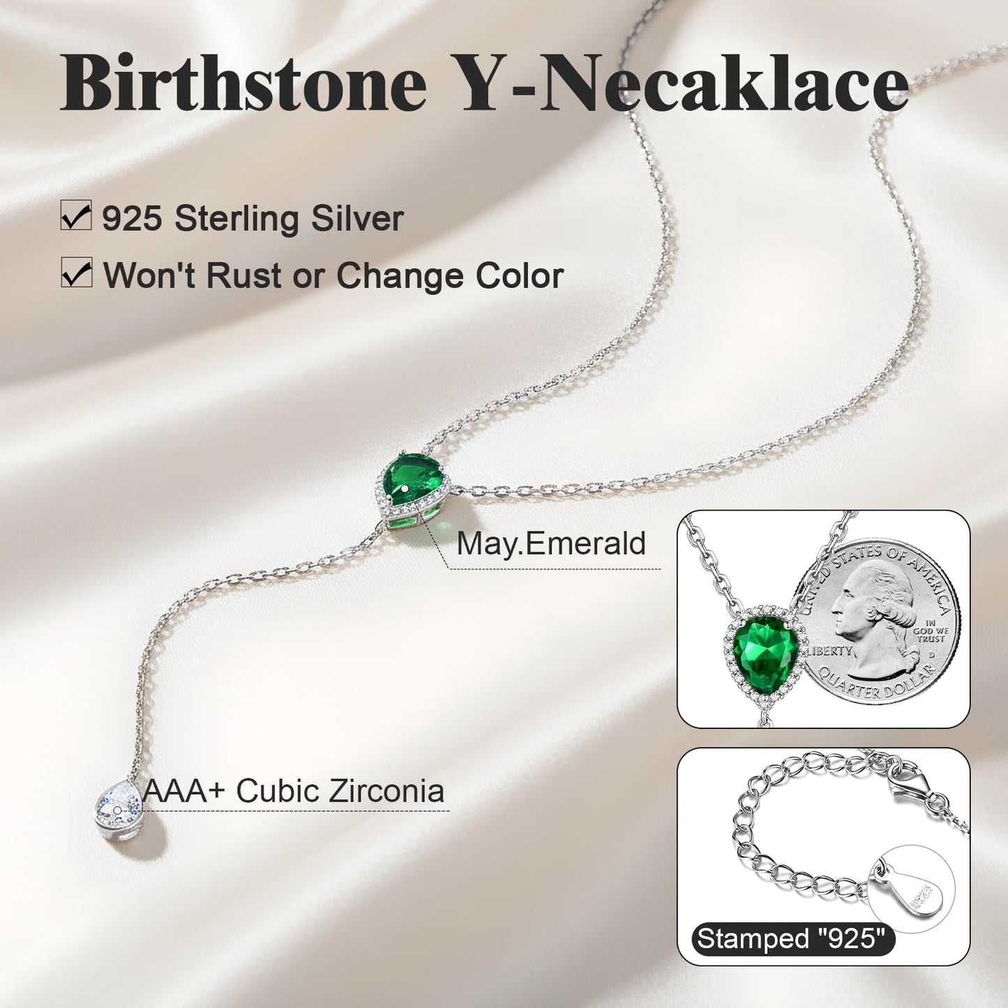 FOCALOOK May Birthstone Necklace for Women Mom 925 Sterling Silver Simulated Emerald Pear Lariat Pendant with Chain Birthday Jewelry