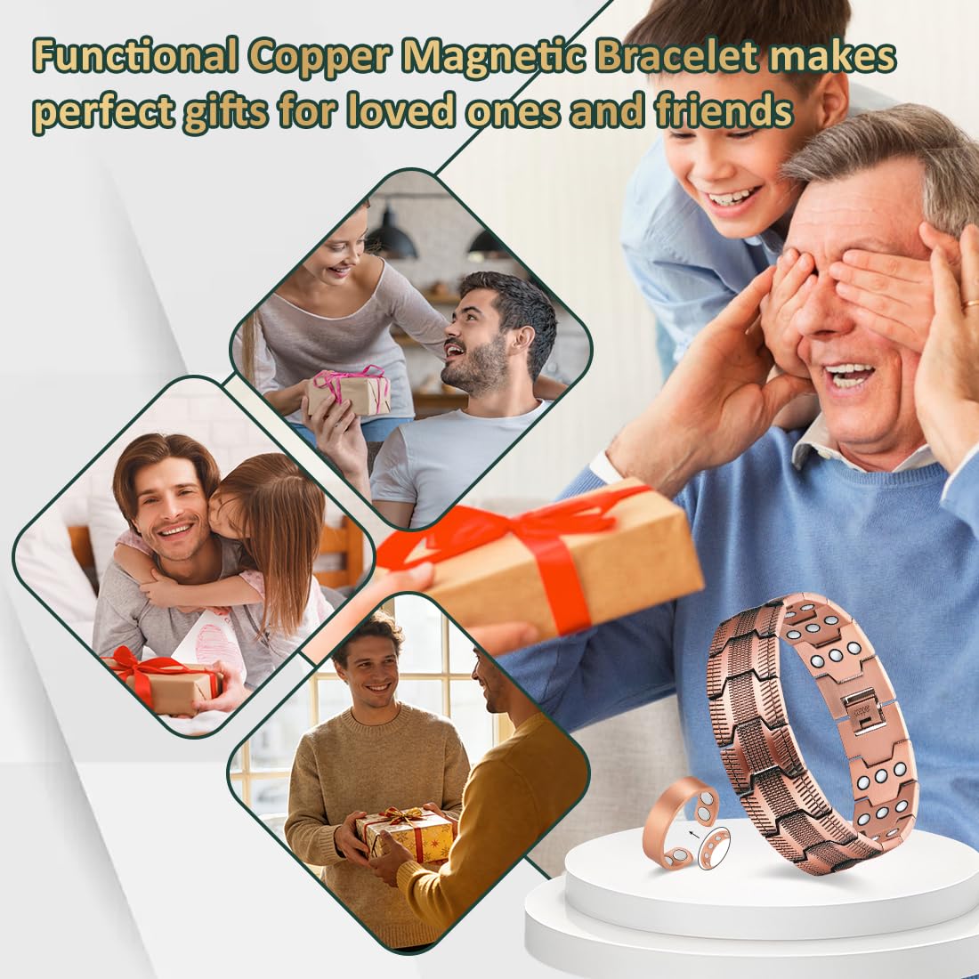 Vicmag Copper Magnetic Bracelet for Men, 3X Strength Magnets, Pure Copper Bracelet & 9X Magnet Ring Set, Adjustable Fit with Sizing Tool(Textured Copper)