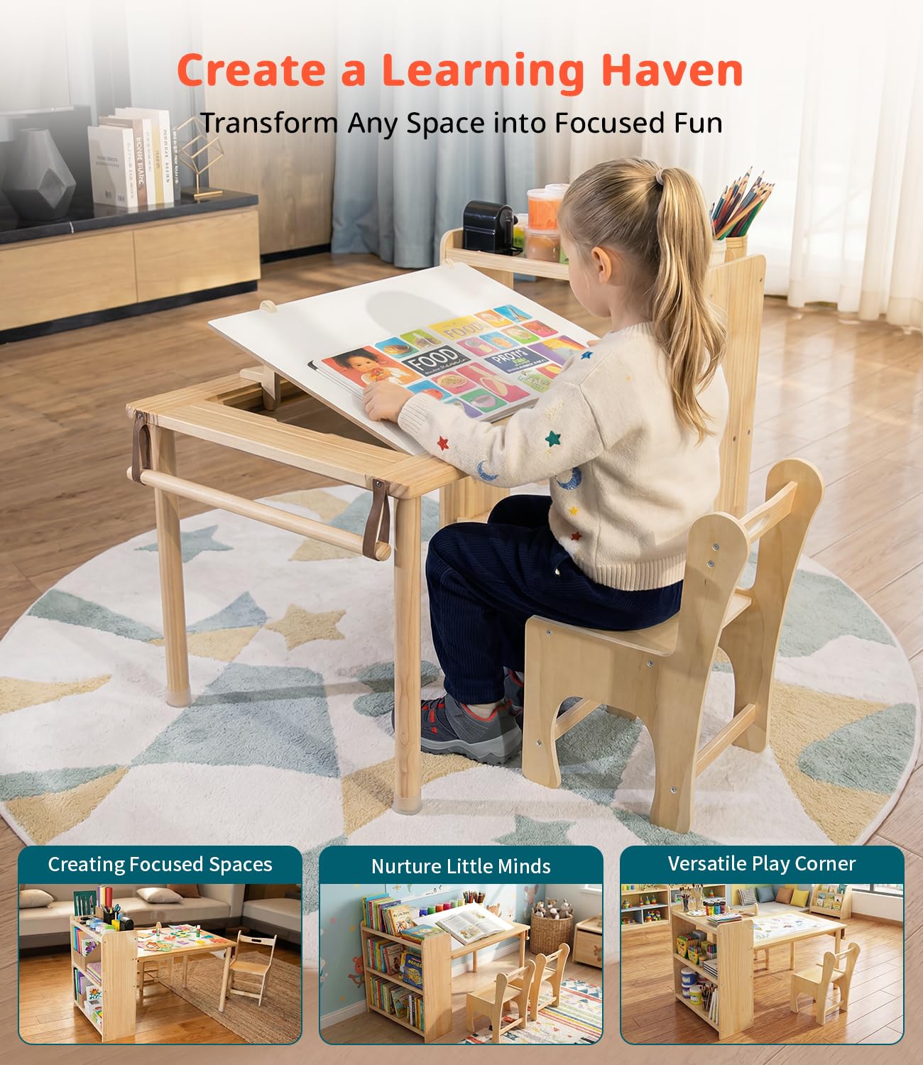 JOIN&JOY Children's Art Table and 2 Chair Set, Multifunctional Craft Table with Storage Shelves, Toddler Activity for Creativity, Drawing, Learning & Playtime