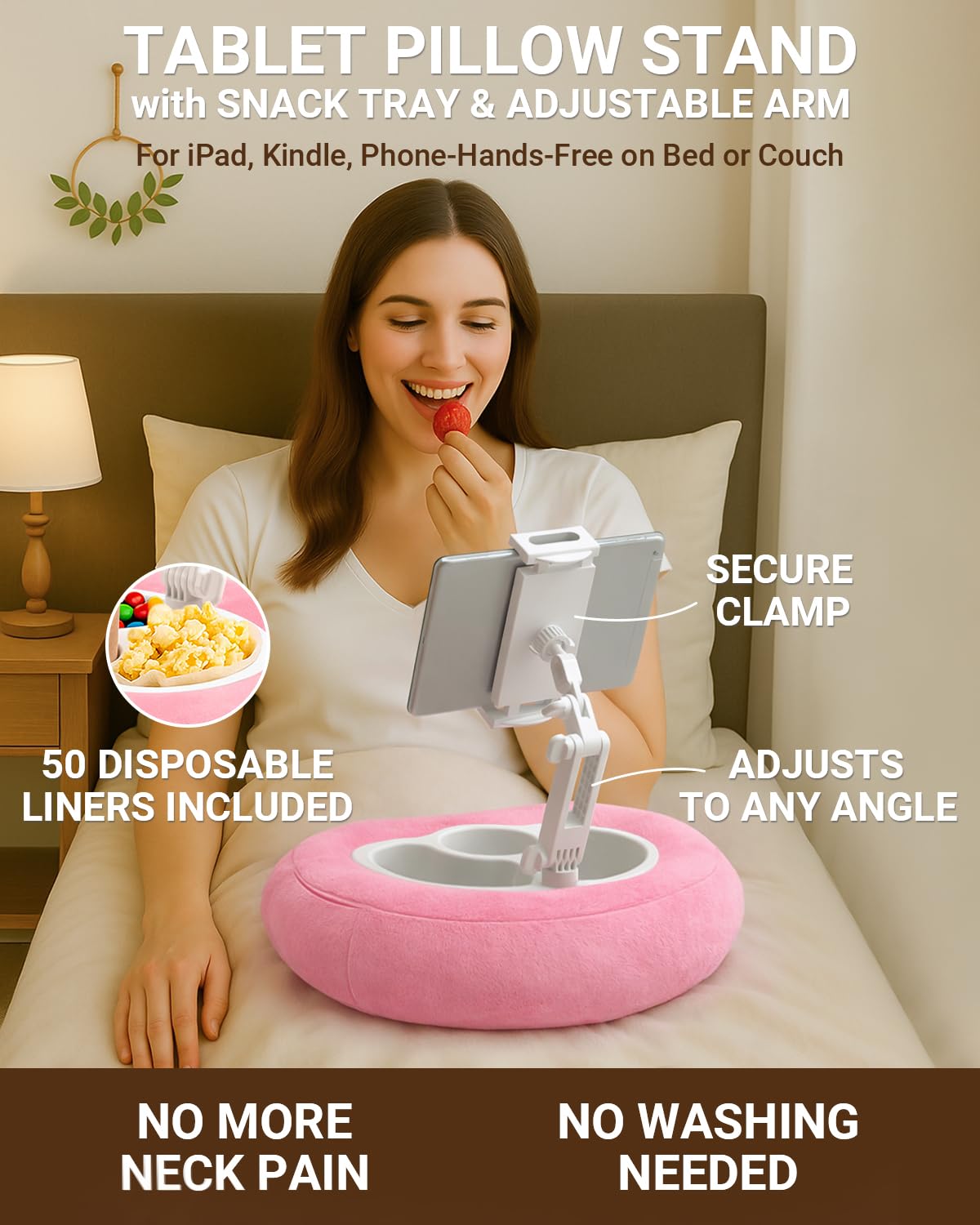 Tablet & Kindle Pillow Stand for Bed, Adjustable iPad Holder for Couch and Lap with 2 Snack Bowls, Cup Holder, 50 Disposable Liners and Washable Cover, Pink