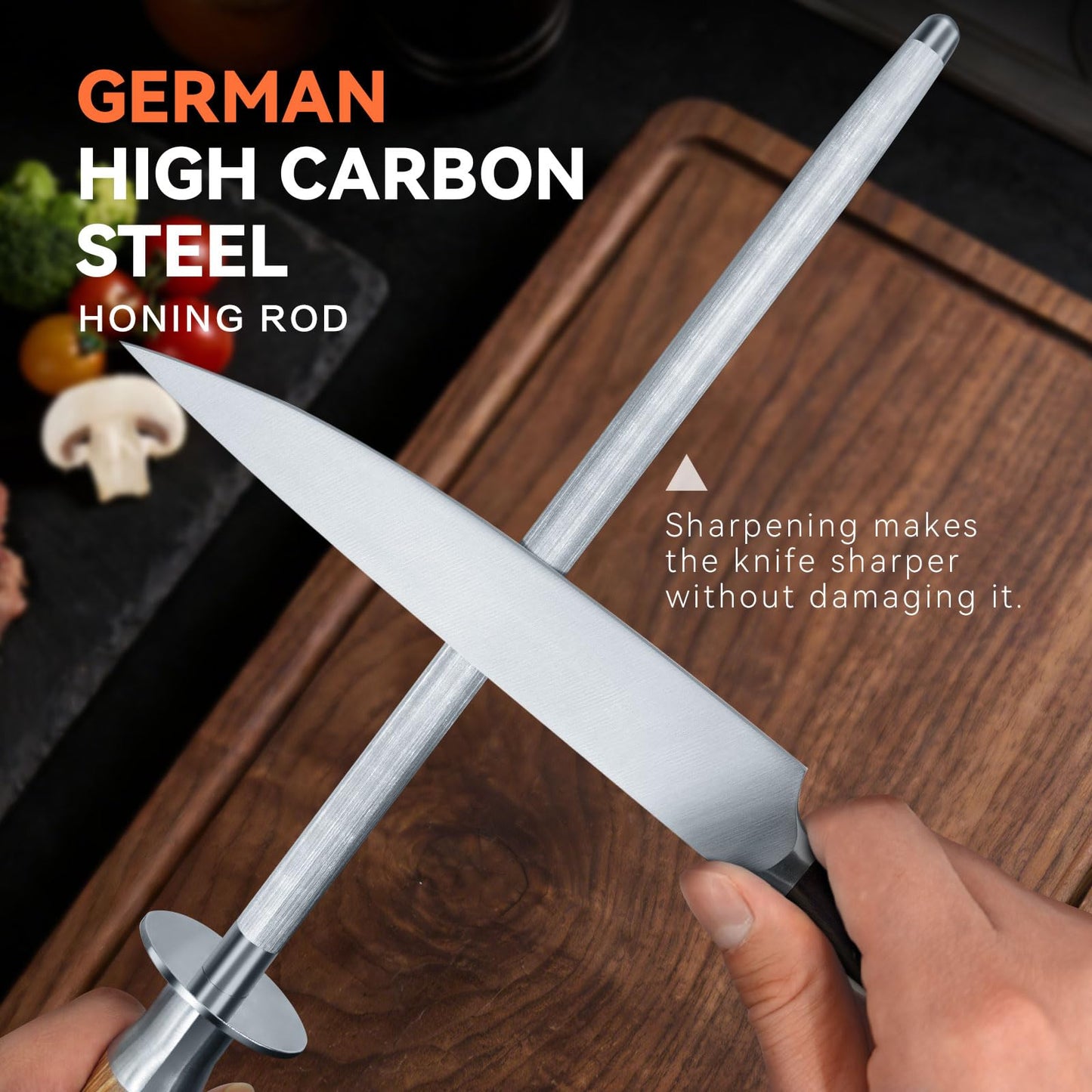 Monbalcon Honing Rod 10'', German High Carbon Steel Knife Sharpener Rod with Premium Gift Box, Professional Fine Sharpening Stone Kitchen Knife Whetstone with Natural Wood Handle, 10 inch