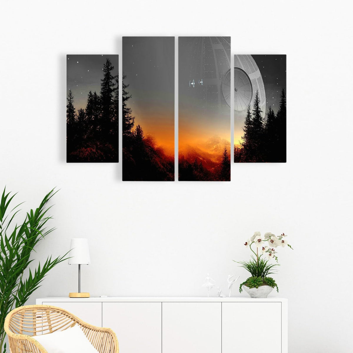 Death Star Inspired Canvas Print Wall Art | Futuristic Space Station Artwork | Smooth Surface Home Decor – Various Sizes (4 Pieces Large)