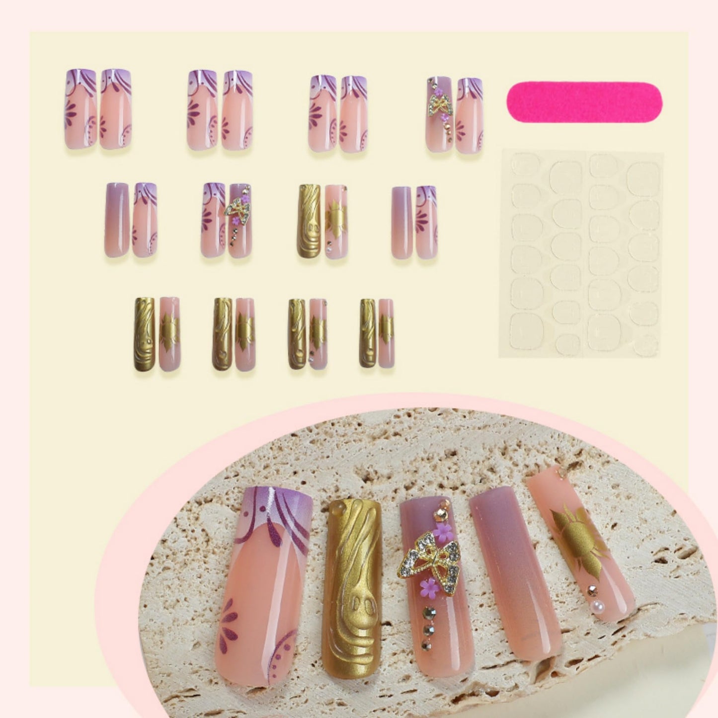 Long Press on Nails Square Purple and Gold Stick on Nail 24pcs