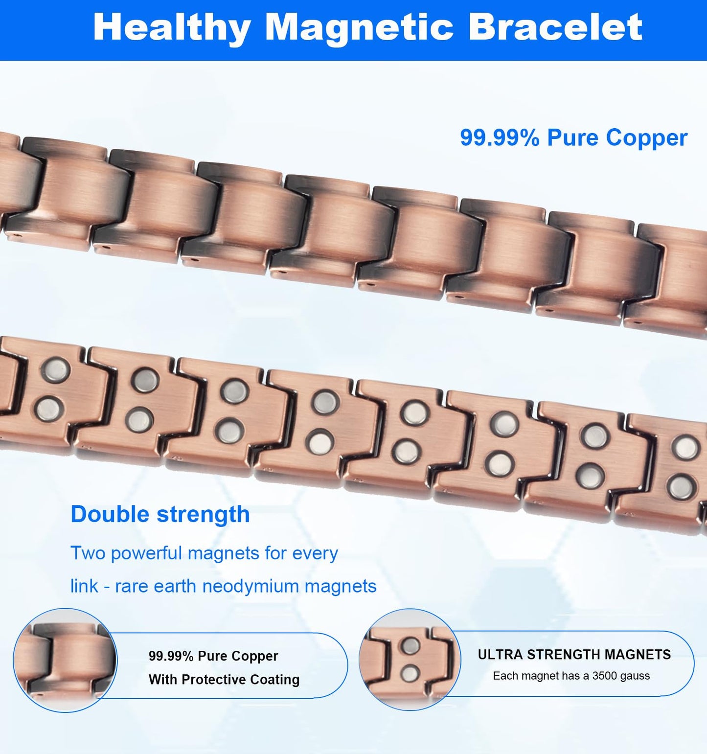 EnerMagiX Copper Bracelet for Men, 99% Pure Copper Double Row Magnetic Bracelet, Healthy Jewelry Gift (0114)