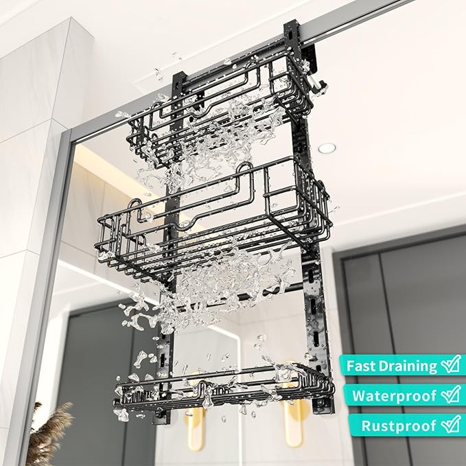HapiRm 3 Tier Over the Door Shower Caddy, Hanging Shower Caddy with 16 Hooks and 2 Soap Holders, No Drilling Adjustable Hanging Bathroom Organizer - Black