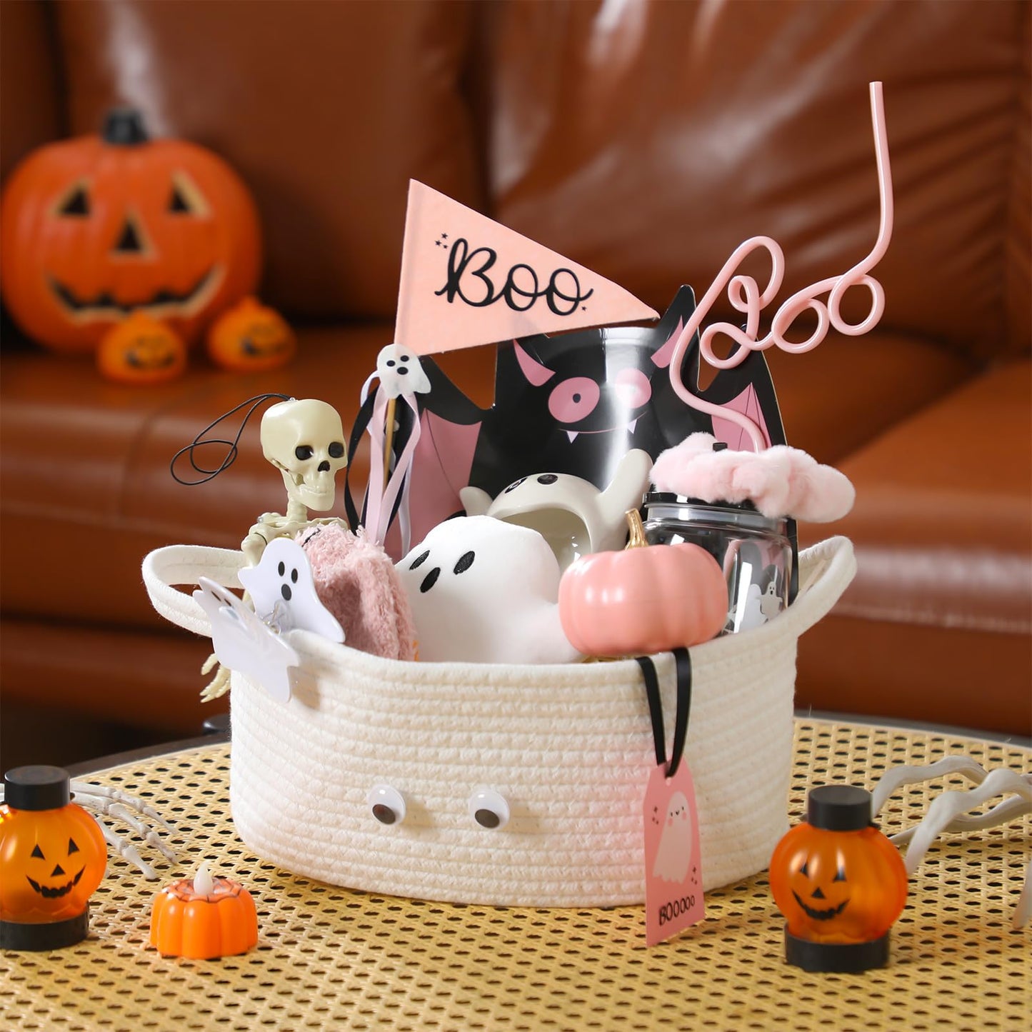 Reallnaive 12 Pcs Halloween Boo Gifts Basket Stuffers for Women Summer Halloween Spooky Ghost Cute Boo Basket Gifts Plastic Cups Paper Bat Plate Fuzzy Socks Skeleton Pendant for Her Sister Friends