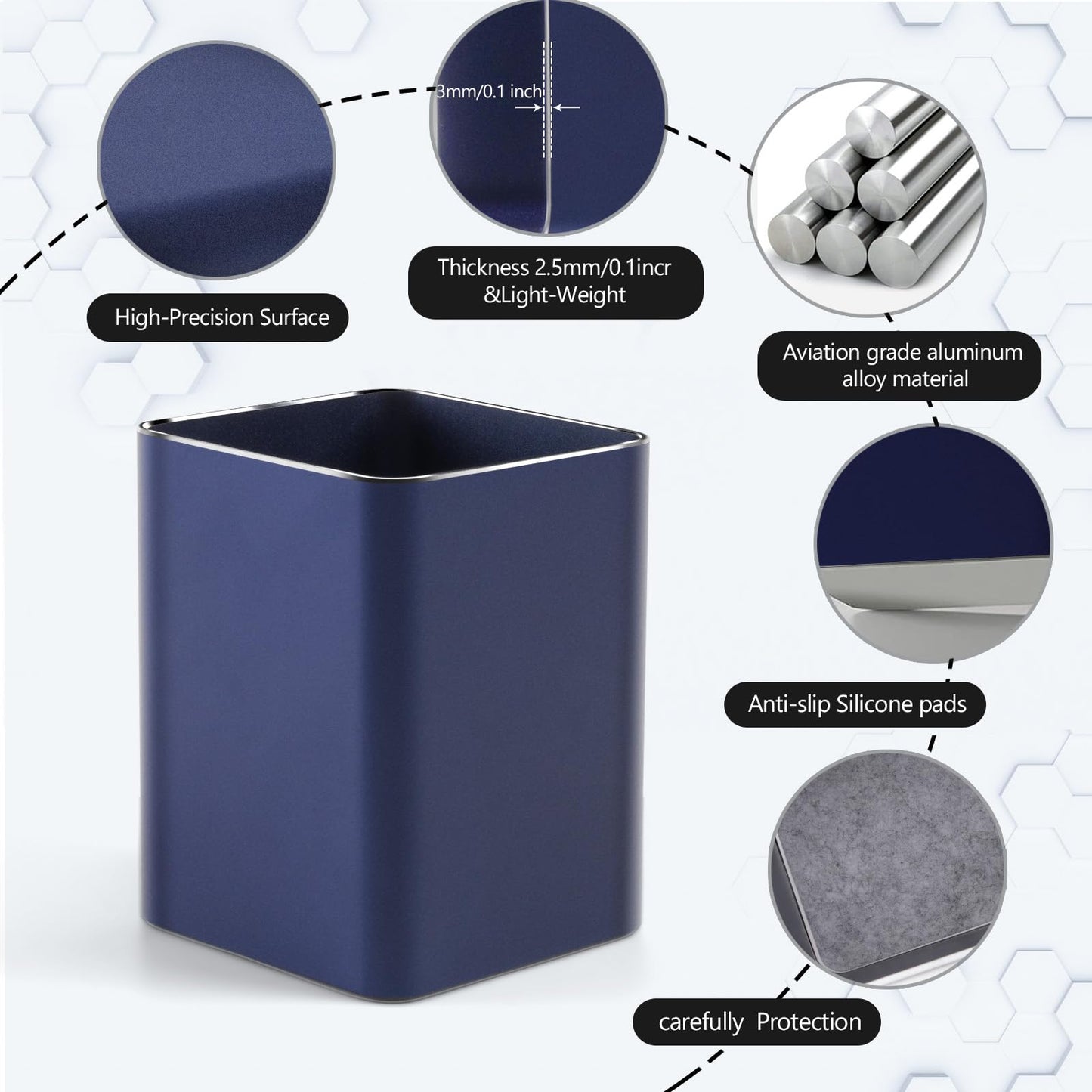 RQB Metal Pen Holder for Desk Square Aluminum Desktop Organizer and Makeup Brush Holder Storage Box for Office, School, Home, and Kids, Non-slip silicone 4×3.15inch (Blue)