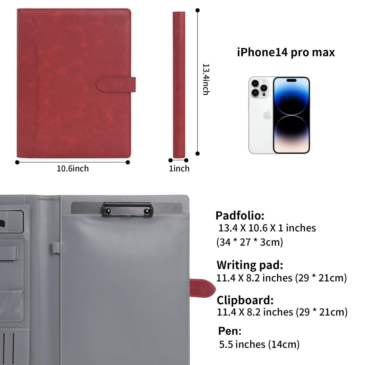 Wason Portfolio Padfolio A4 Leather PU Folder File Document Holder Case with Writing Pad Removable Clipboard Card Stationary Case Phone Tablet Stand for Organizer Office Travel School (Red Wine)