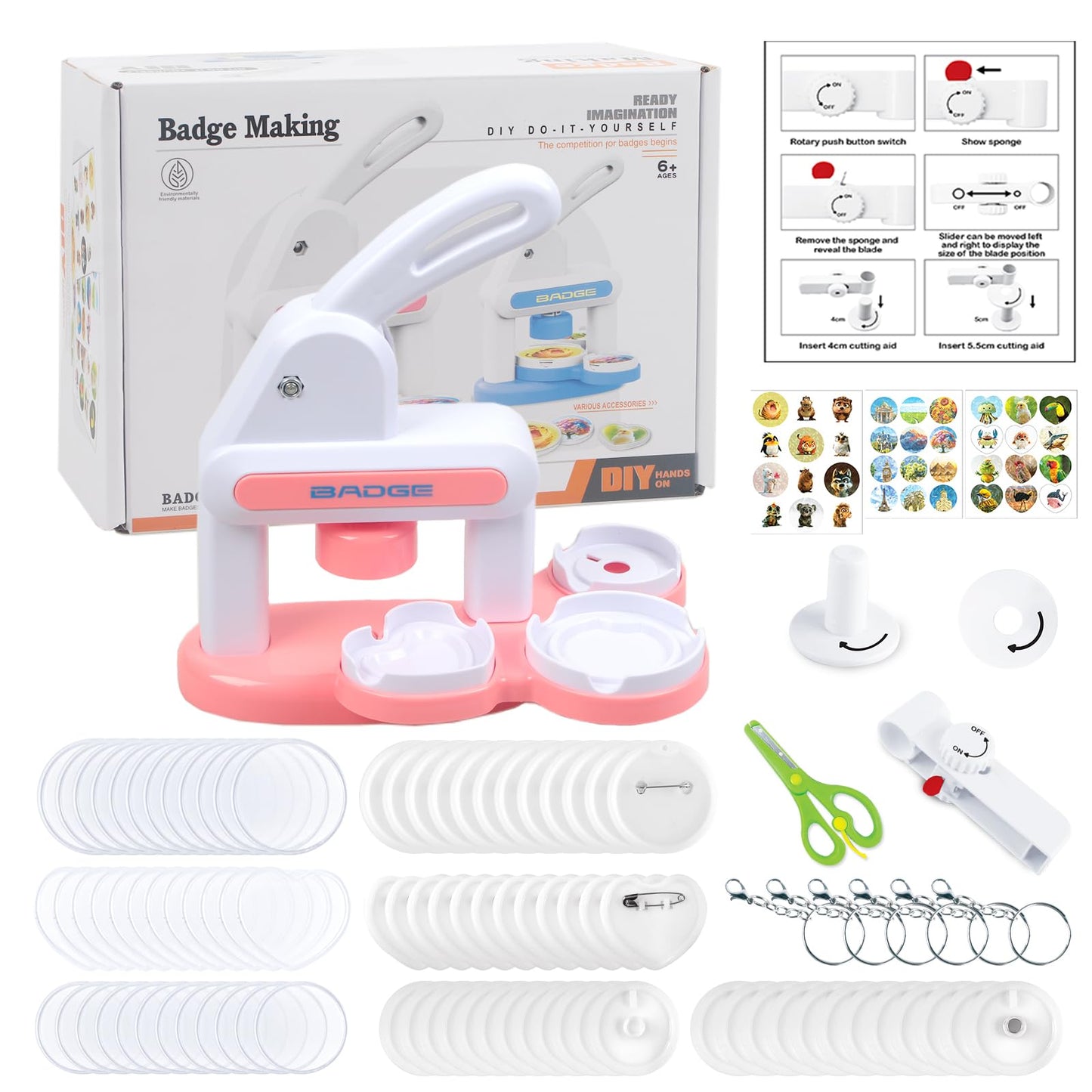 3-In-1 Badge Maker Machine,Upgrade No Assembly Required Button Maker Artist with 86 Sets Parts,DIY Pin Maker Press Machine Badge Punch Kit Present for Kids and Adults,Pink (Multiple Sizes Supported)